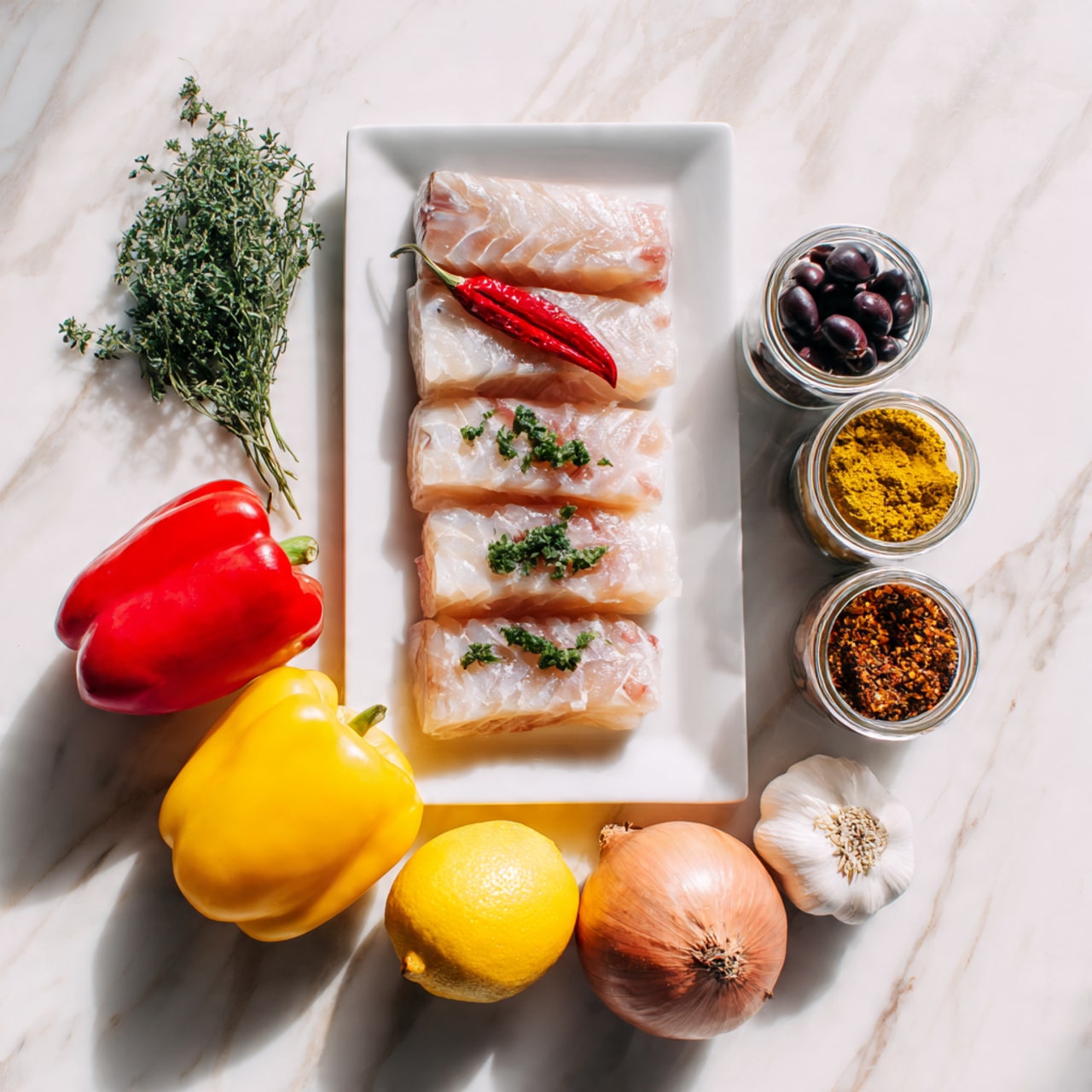 A white rectangular plate on a white marbled surface holds six raw fish fillets arranged side by side in two small groups with a red chili pepper, some chopped green herbs, and black olives placed at the top middle of the plate. Below the plate are two small jars of spices, a red bell pepper, a yellow lemon, a brown onion, and a bulb of garlic, all lying on the white marbled surface in a row. The overall look is clean with soft natural light. Photo taken with an iphone --ar 4:5 --v 7