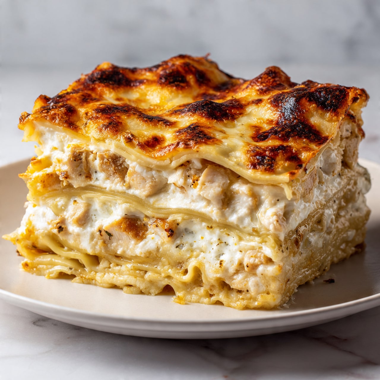 The image shows a thick slice of lasagna placed on a white plate, sitting on a white marbled surface. The lasagna has about four visible layers: the bottom layer is light yellow pasta, followed by a creamy white sauce layer mixed with light golden chicken pieces, then another thin pasta layer, and it is topped with a golden-brown melted cheese layer that has a slightly crispy texture with some darker browned spots. The edges of the lasagna are slightly uneven, showing the layers clearly. The background is softly blurred, focusing on the lasagna slice. Photo taken with an iphone --ar 4:5 --v 7
