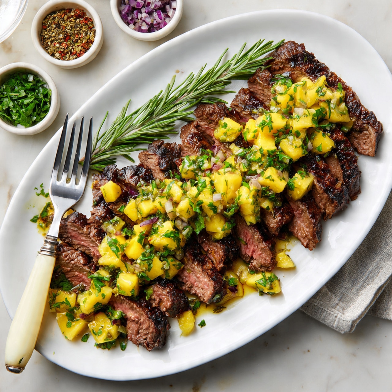 The image shows a white oval plate with many slices of cooked steak arranged in a row, each with a brown outside and pink inside, showing a juicy texture. On top of the steak slices, there is a bright yellow mango salsa mixed with green herbs, adding a fresh and colorful touch. A sprig of fresh rosemary rests on the side of the plate, adding a green accent. The plate is on a white marbled surface, and a woman’s hand holds a fork with a cream-colored handle on the left side of the plate. Small bowls with different spices are placed around the plate, visible at the edges of the image. photo taken with an iphone --ar 4:5 --v 7
