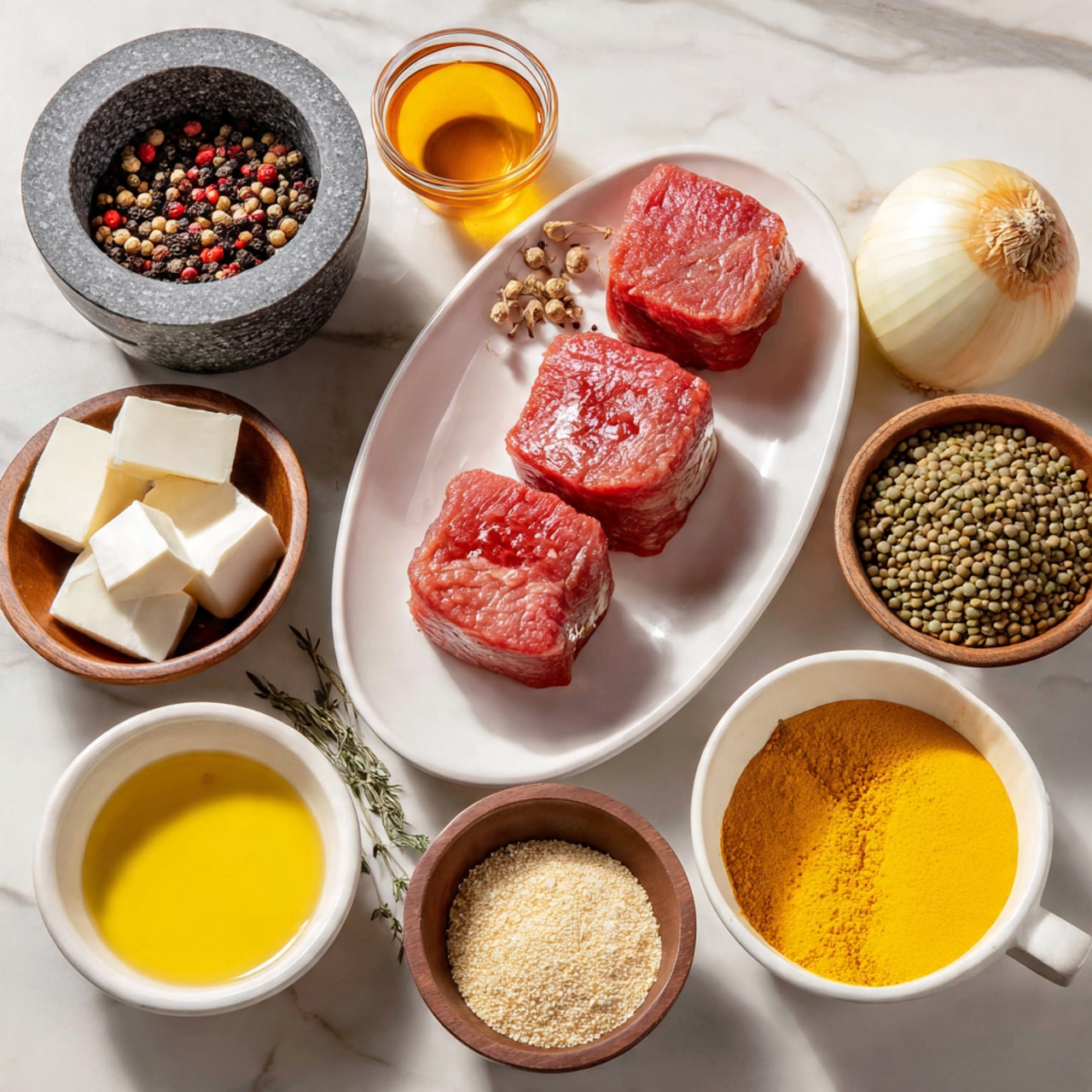 The image shows a white oval plate in the center with three pieces of raw red meat stacked on top, displaying smooth and moist textures. Surrounding the plate are small brown bowls containing white cream, white cheese cubes, an onion with garlic cloves and dry herbs, and a cup with amber-colored liquid. There is also a small white bowl with clear yellow oil, a small green bowl with green lentils or peas, a white bowl with light brown powder, and a medium white bowl filled with yellow broth. A black stone mortar with mixed peppercorns and a pestle is in the upper left corner. The entire setup is placed on a white marbled surface. Photo taken with an iphone --ar 4:5 --v 7