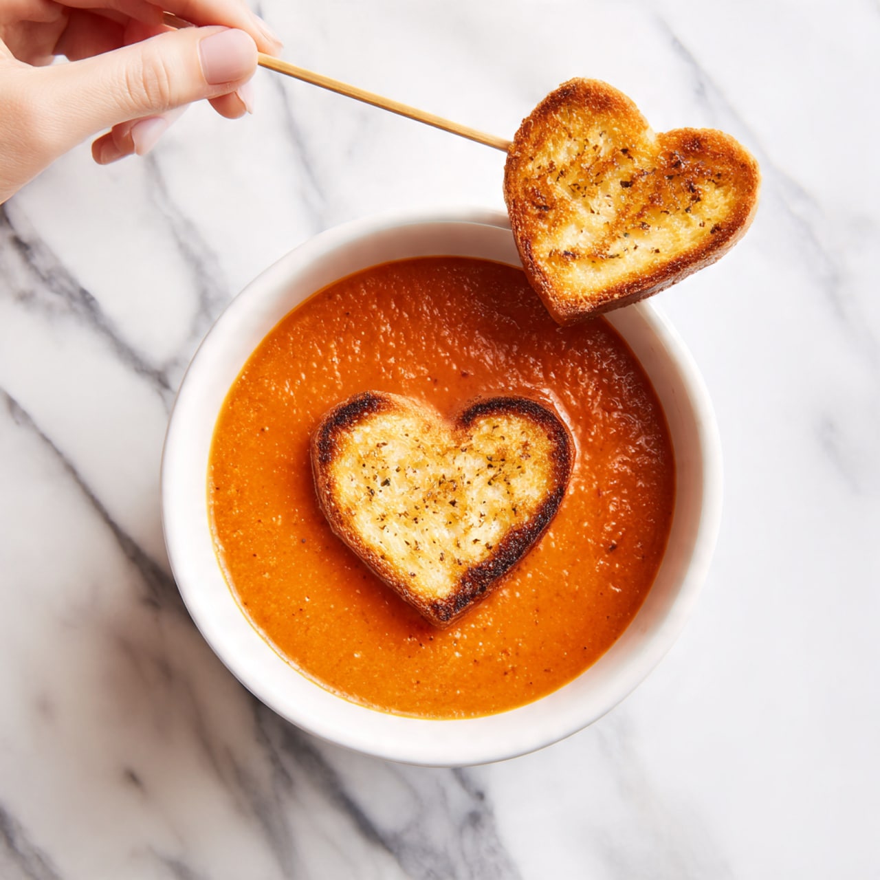 A white bowl filled with smooth reddish-orange tomato soup is placed on a white marbled surface. Floating in the center of the soup is a single heart-shaped piece of toasted bread, its golden-brown color contrasting with the soup’s deep hue. A woman's hand holds a wooden skewer with another heart-shaped toasted bread piece above the bowl. The overall setting looks cozy and warm. Photo taken with an iphone --ar 4:5 --v 7