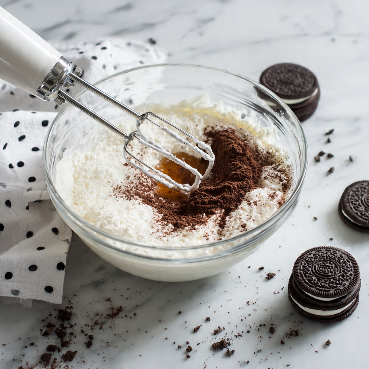 A clear glass bowl sits on a white marbled surface, filled with white cream and a white powder. A small amount of brown liquid is poured on top of the white powder. Inside the bowl, a white electric mixer with two metal beaters is partly submerged in the mixture. Nearby, there are a few round black cookies with white filling stacked and scattered on the white marbled surface next to the bowl. The scene appears bright with natural lighting, and a white cloth with black dots lies beside the bowl. photo taken with an iphone --ar 4:5 --v 7