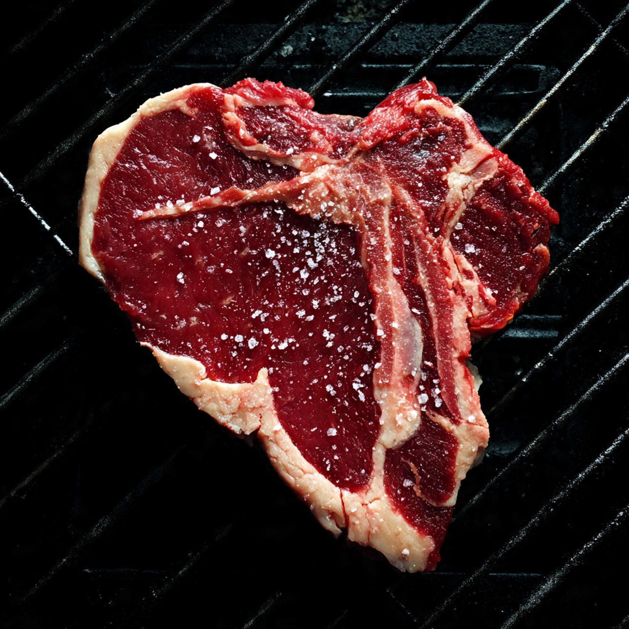 A raw T-shaped steak lies flat on a dark grill rack with visible square grids underneath. The steak has a mix of deep red and marbled white fat layers, with the fat mostly outlining the sides and some fat running through the middle section. There are coarse white salt crystals scattered evenly across the surface of the meat, giving it a sparkly appearance. The black grill background contrasts with the colors of the steak. The photo is taken with an iphone --ar 4:5 --v 7
