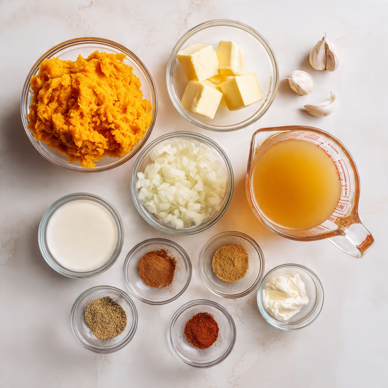 A top view of 11 small glass bowls arranged on a white marbled surface holding different cooking ingredients. On the left, a large glass bowl is filled with bright orange mashed sweet potatoes. Above it is a smaller glass bowl with three pale yellow butter pieces. Toward the center, a medium glass bowl contains white chopped onions. To the right, a large glass measuring cup is filled with clear orange broth. Below the onions, a small glass bowl holds white cream. Surrounding these are five smaller glass bowls containing various ground spices in brown, red, and white shades, and minced garlic. The light is soft and even, highlighting the colors and textures of the ingredients. photo taken with an iphone --ar 4:5 --v 7