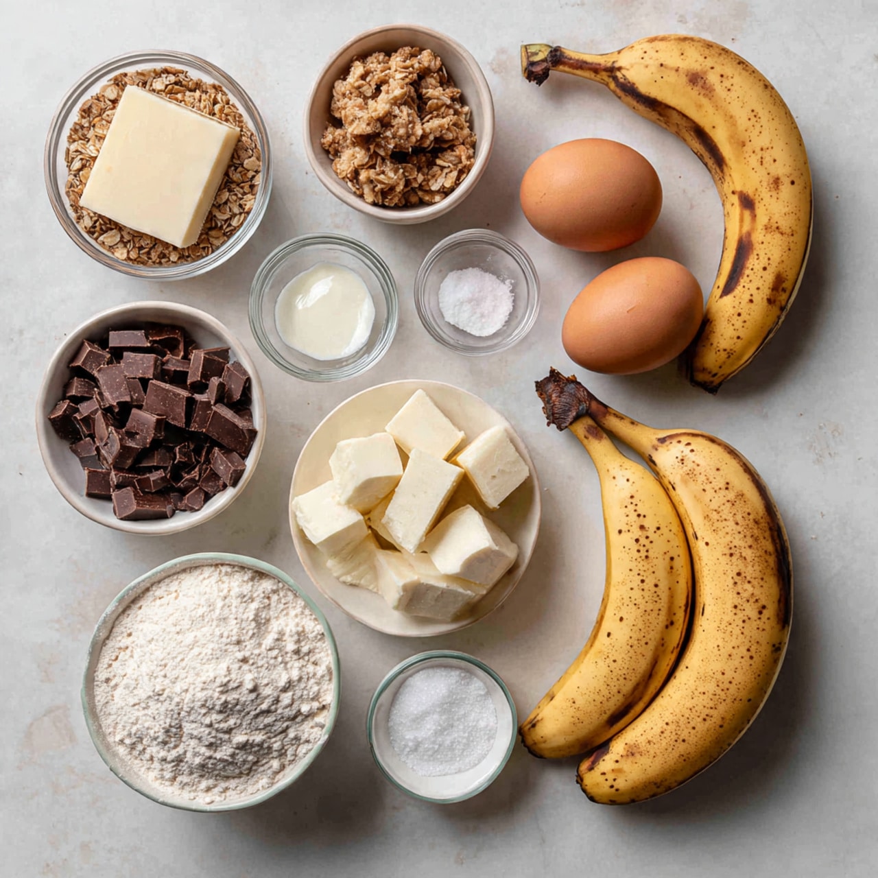 The image shows a white marbled surface with ingredients neatly arranged for baking. There are two ripe bananas with brown spots in the top right corner, two brown eggs beside them, and a bunch of vanilla pods nearby. Ingredients like light brown sugar, granola, white flour, white cubed butter, cocoa powder, chocolate chips, and two small glass bowls of salt and baking powder are placed in small white bowls or clear containers, spaced evenly. The colors range from creamy white, light and dark brown, and yellow from the bananas, creating a tidy and inviting scene. Photo taken with an iphone --ar 4:5 --v 7