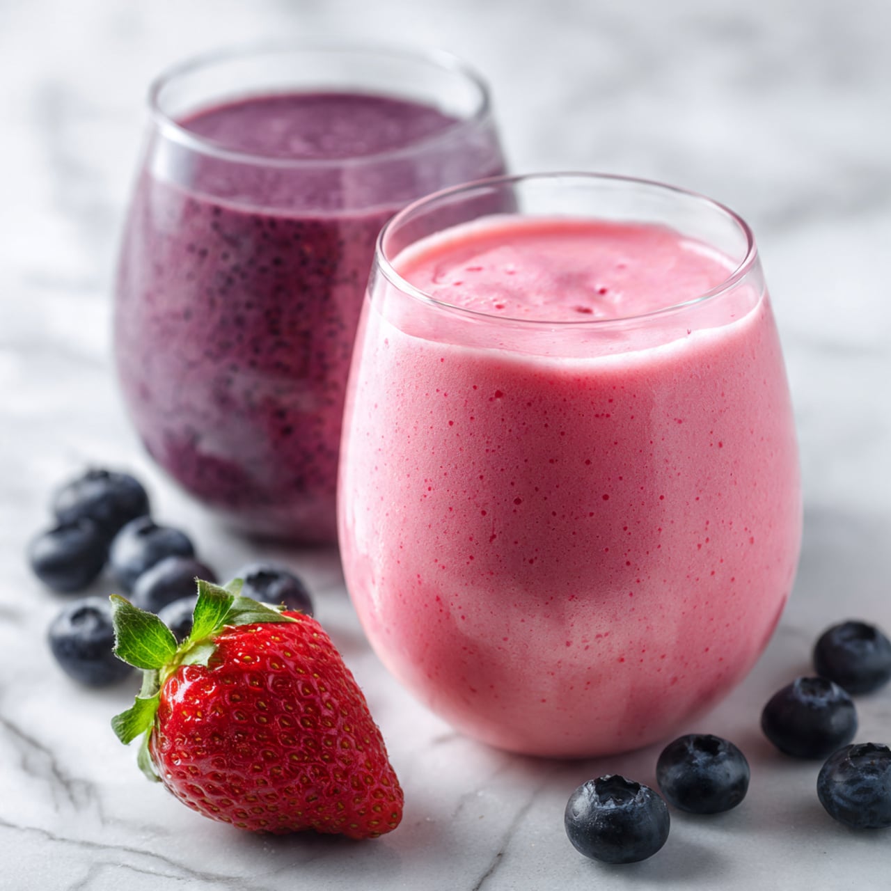 The image shows two clear glasses filled with creamy smoothies, one in the front with a bright pink color and small bubbles on the surface, and one in the back with a dark purple color and a smooth texture. Around the glasses are fresh berries, including a whole red strawberry with green leaves and several dark blue blueberries scattered on a white marbled surface. The focus is on the pink smoothie glass, with the other smoothie slightly blurred in the background. photo taken with an iphone --ar 4:5 --v 7