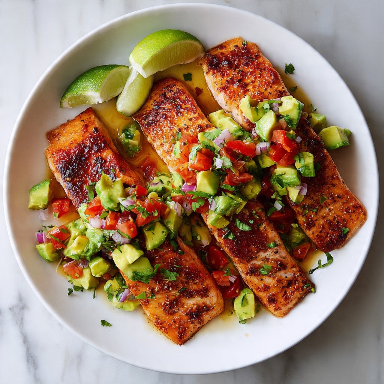 The image shows four pieces of cooked salmon with a golden brown crispy texture on top, arranged closely in a round white plate. Each piece is topped with a colorful salsa made of green avocado chunks, red diced tomatoes, and small bits of white onion, creating a fresh and vibrant contrast. On one side of the plate, there are two lime wedges and a few light green herb leaves, adding a touch of natural green color. The dish sits on a white marbled surface. photo taken with an iphone --ar 4:5 --v 7