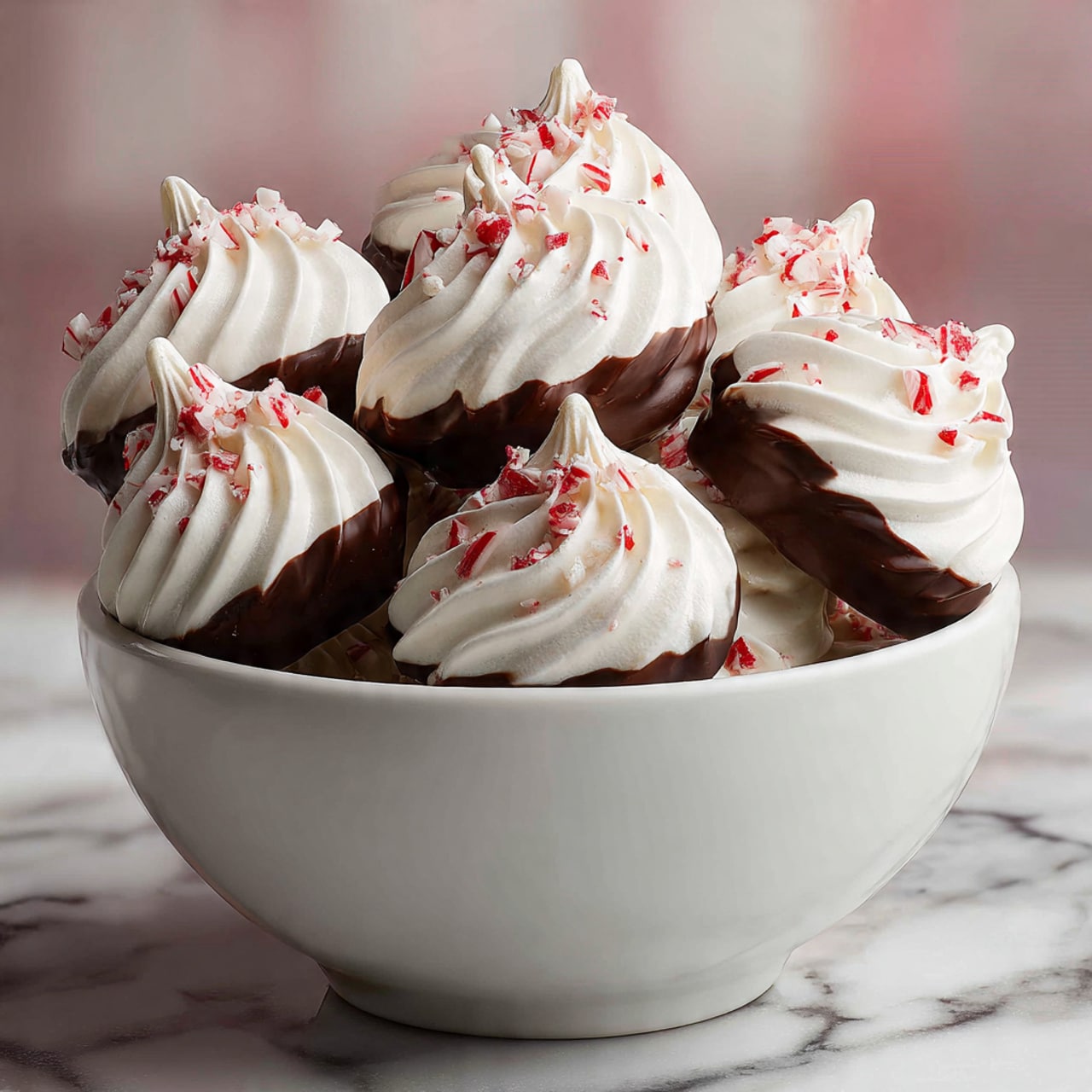 A white bowl filled with white, soft meringue drops that have pointed tops. Each meringue is dipped halfway in dark brown chocolate, which is decorated with small red and white crushed peppermint pieces around the middle. The bowl sits on a white marbled surface with a blurred background that includes a hint of pink and a stripe pattern. photo taken with an iphone --ar 4:5 --v 7