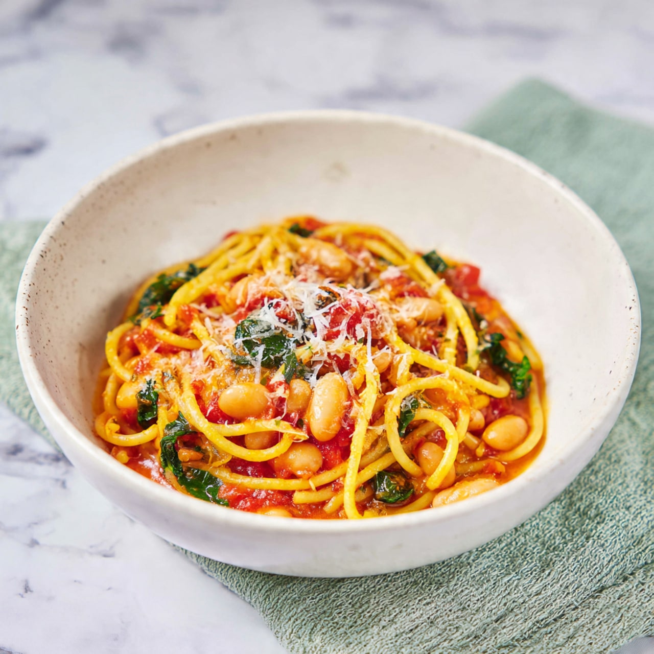 A bowl of spaghetti mixed with a thick tomato sauce that has visible large white beans and wilted dark green leafy vegetables. The spaghetti strands are light yellow and twist around the beans and leaves. The dish is topped with a light sprinkling of grated cheese, adding a slightly textured white layer over the top. The bowl is white with a slight speckled texture, placed on a white marbled surface with a soft green textured cloth in the background. photo taken with an iphone --ar 4:5 --v 7