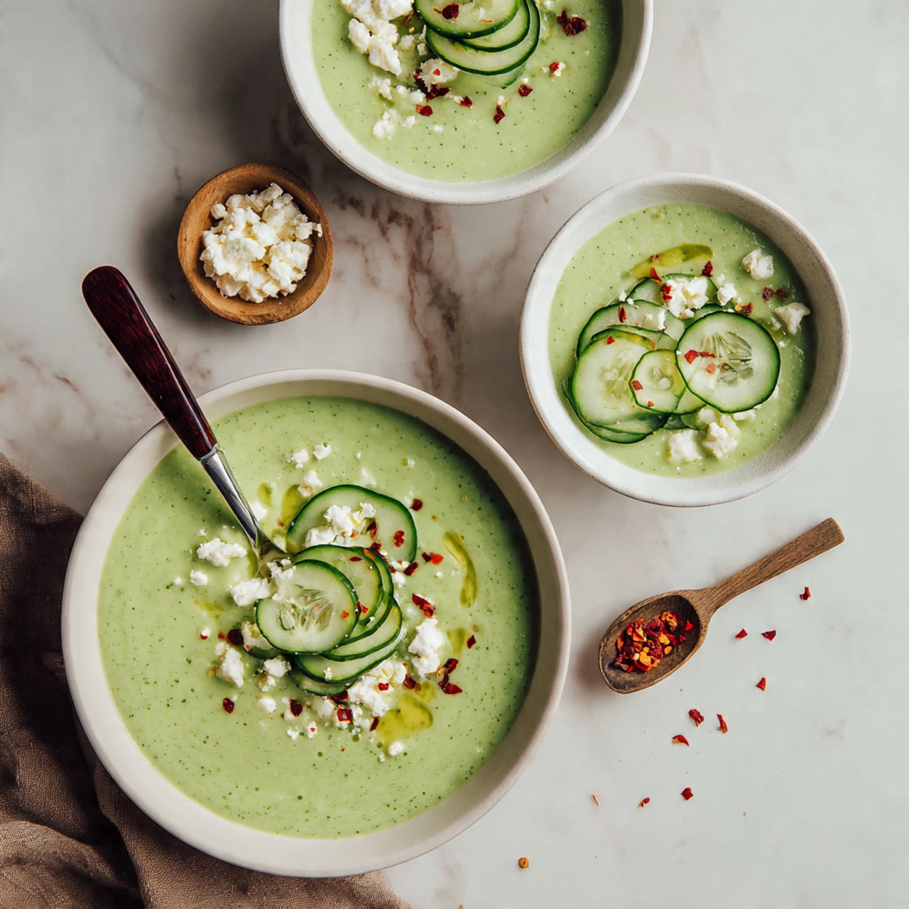 The image shows three white bowls on a white marbled surface. The largest bowl at the bottom contains a thick green soup with a smooth texture, topped with thin light green cucumber slices, small bits of white cheese scattered, red chili flakes, and a drizzle of oil. A spoon with a dark wooden handle is placed inside this bowl on the left side. Above and slightly to the right is a smaller white bowl holding several thin, round cucumber slices with some red chili flakes sprinkled on top. To the top left, there is a third small white bowl filled with crumbled white cheese, and a small wooden spoon rests inside. A brown cloth is partially visible on the left side near the bowls. Photo taken with an iphone --ar 4:5 --v 7