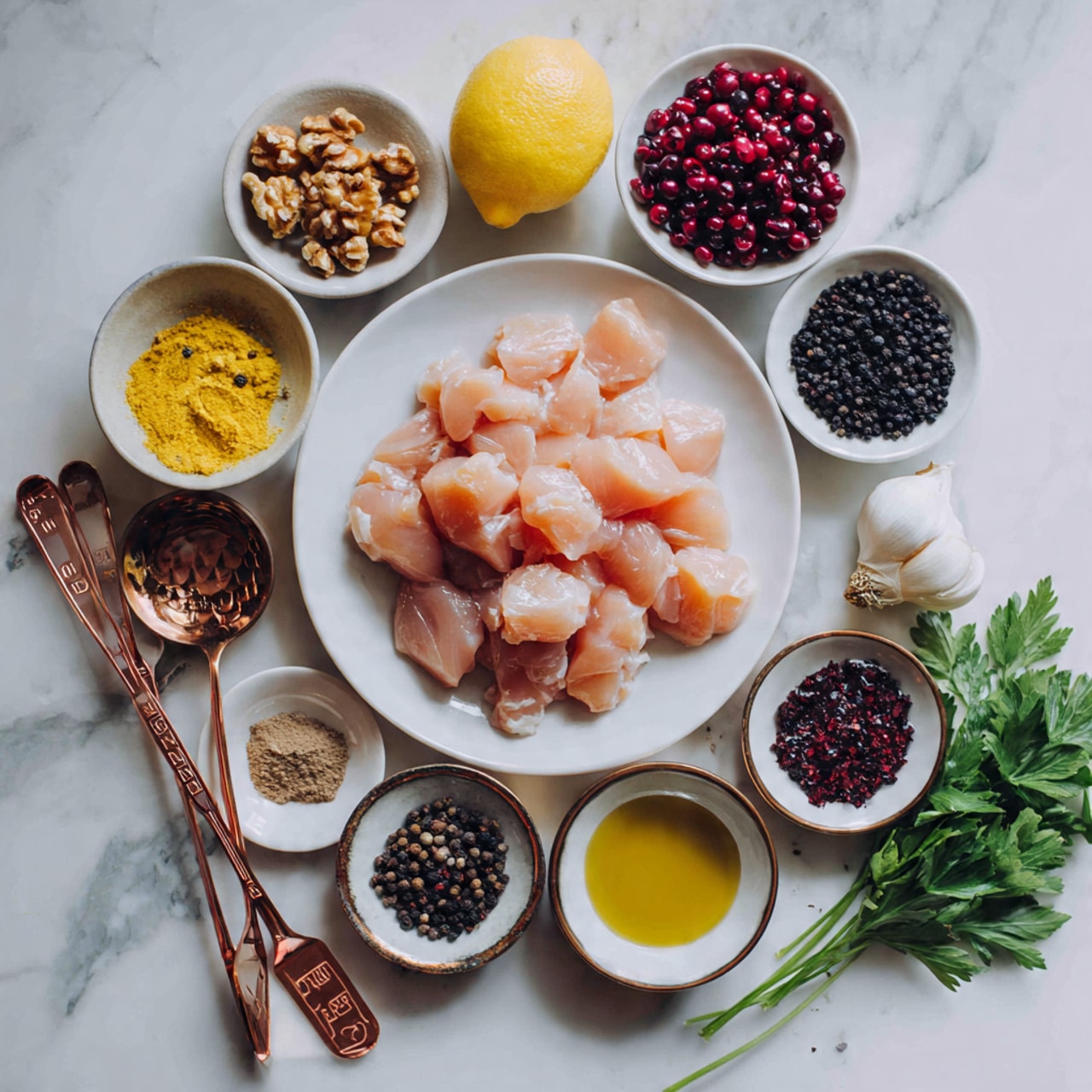 A top-down view of raw chicken pieces neatly placed on a white round plate in the center, surrounded by small white bowls and measuring cups filled with ingredients including walnuts, frozen red berries, black peppercorns, salt, various brown spices, honey, and a quarter lemon half. Garlic cloves and fresh green parsley are also placed on a white marbled surface, creating a colorful and fresh arrangement. Several copper measuring spoons show liquid and dry spices with visible measurement marks. The overall scene is bright and clean with a natural light effect. Photo taken with an iphone --ar 4:5 --v 7