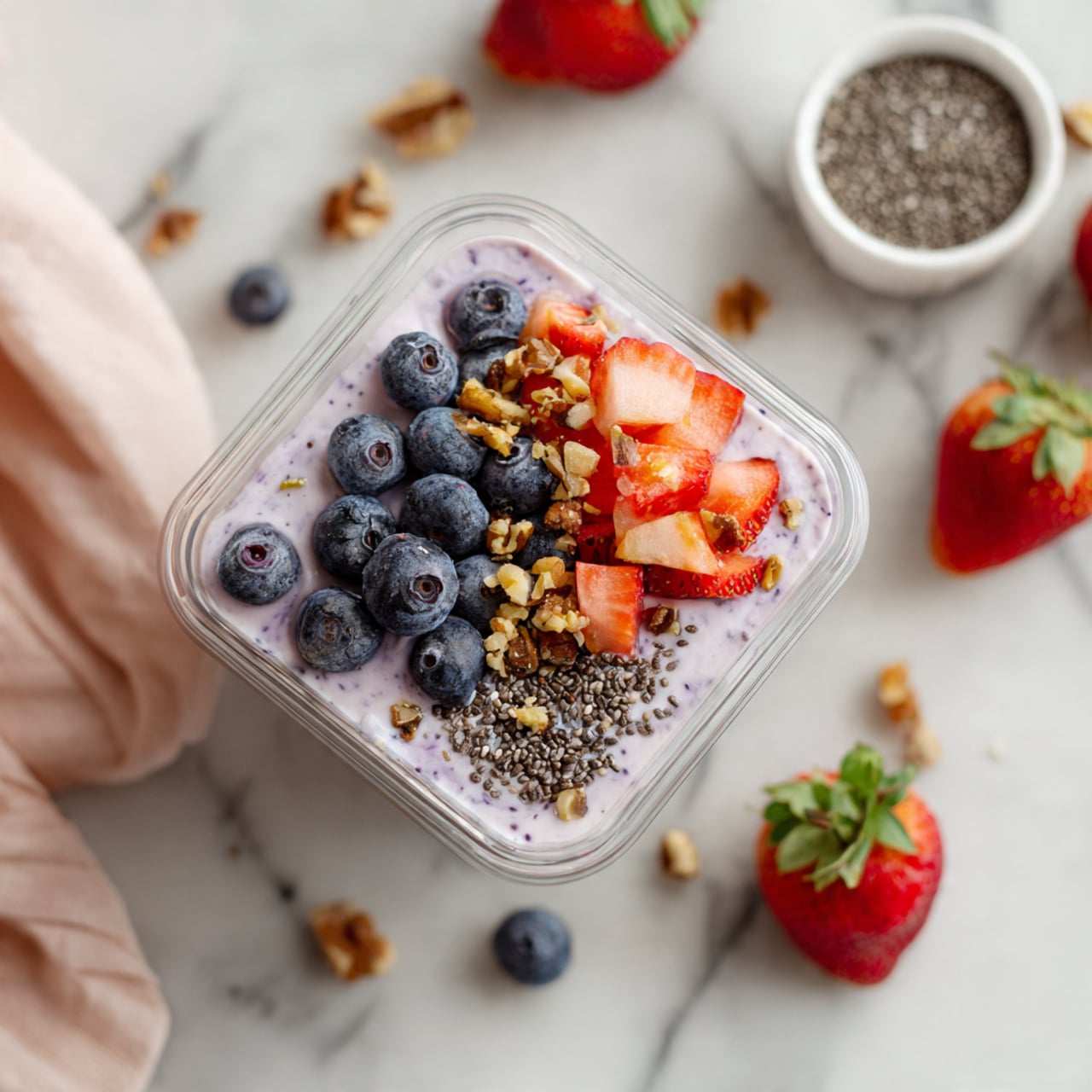A clear square container filled with a creamy light purple base, topped with blueberries clustered on the left side, chopped strawberries placed on the right, and a pile of black chia seeds sprinkled near the center. Around the chia seeds, there are small pieces of chopped nuts adding a crunchy texture. The container sits on a white marbled surface, with a white bowl of chia seeds and scattered strawberries and blueberries nearby, and a woman's hand holding a light pink cloth in the corner. photo taken with an iphone --ar 4:5 --v 7
