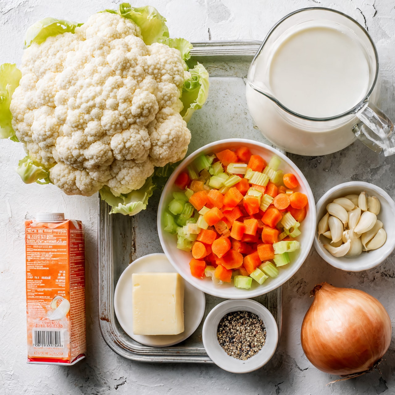 The image shows a metal tray with several ingredients arranged neatly on a white marbled background. On the top left is a whole raw cauliflower with a rough, bumpy texture, pale cream color, and natural green leaves peeking out. Next to it on the right is a clear glass pitcher filled with white milk. Below the cauliflower is a white bowl filled with small orange carrot cubes and pale green celery pieces mixed together. To the left of this bowl is a tall carton of orange vegetable broth, mostly orange with white and green text. In the center is a small white bowl with a mix of black and white pepper. Below that is a block of pale yellow cheese positioned close to some cloves of light brown garlic and a single whole red onion with smooth skin, sitting on the metal tray in clear view. The overall image is bright with clean and fresh colors, taken from above. photo taken with an iphone --ar 4:5 --v 7