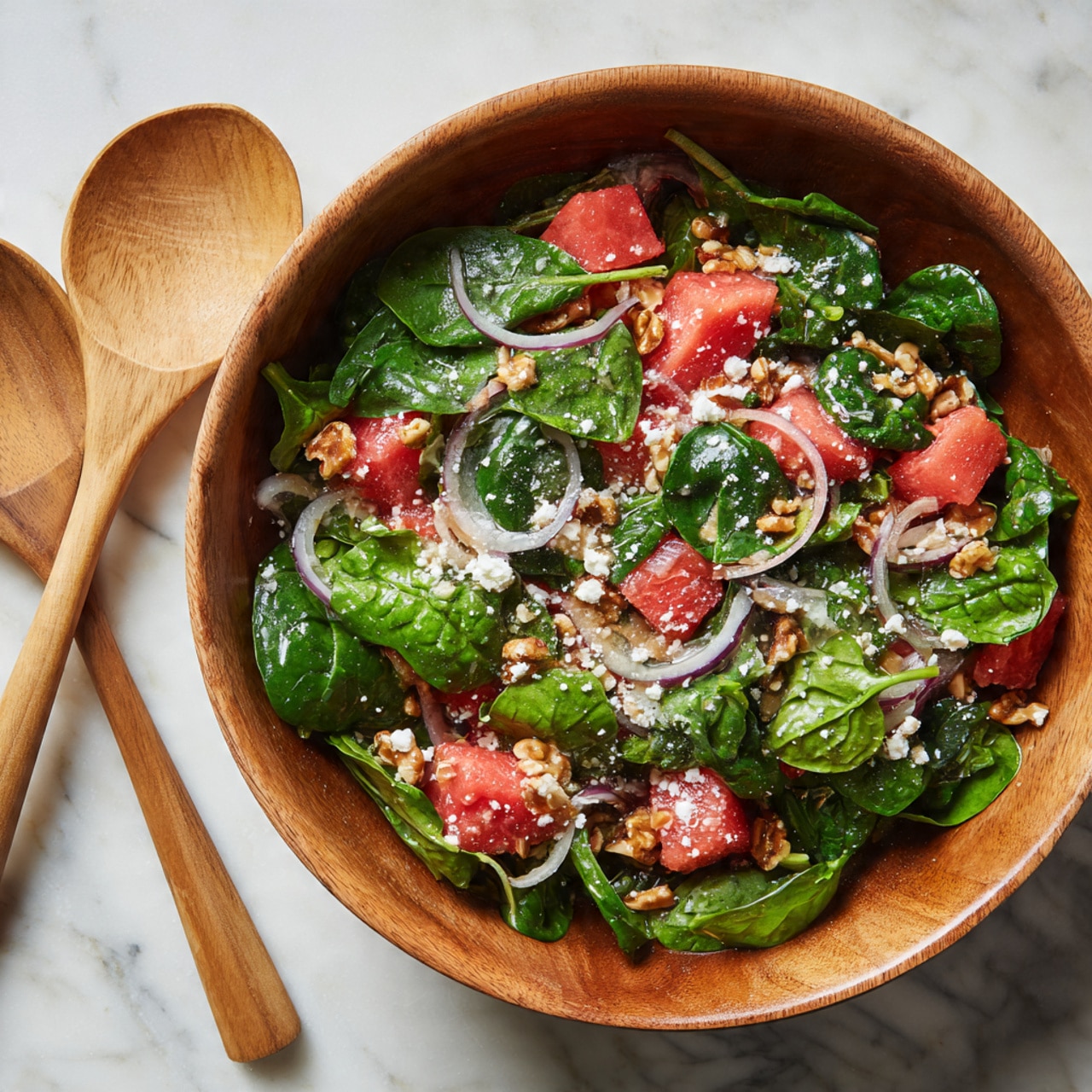 A wooden bowl filled with a colorful salad showing several layers. The bottom layer has fresh green spinach leaves. On top of that, there are bright red pieces of watermelon, scattered small brown nuts, thin slices of light purple onion, and some white cheese crumbles sprinkled all over. The salad looks fresh and mixed well. Next to the bowl, there are two light wooden salad serving utensils. The whole scene is set on a white marbled surface. photo taken with an iphone --ar 4:5 --v 7