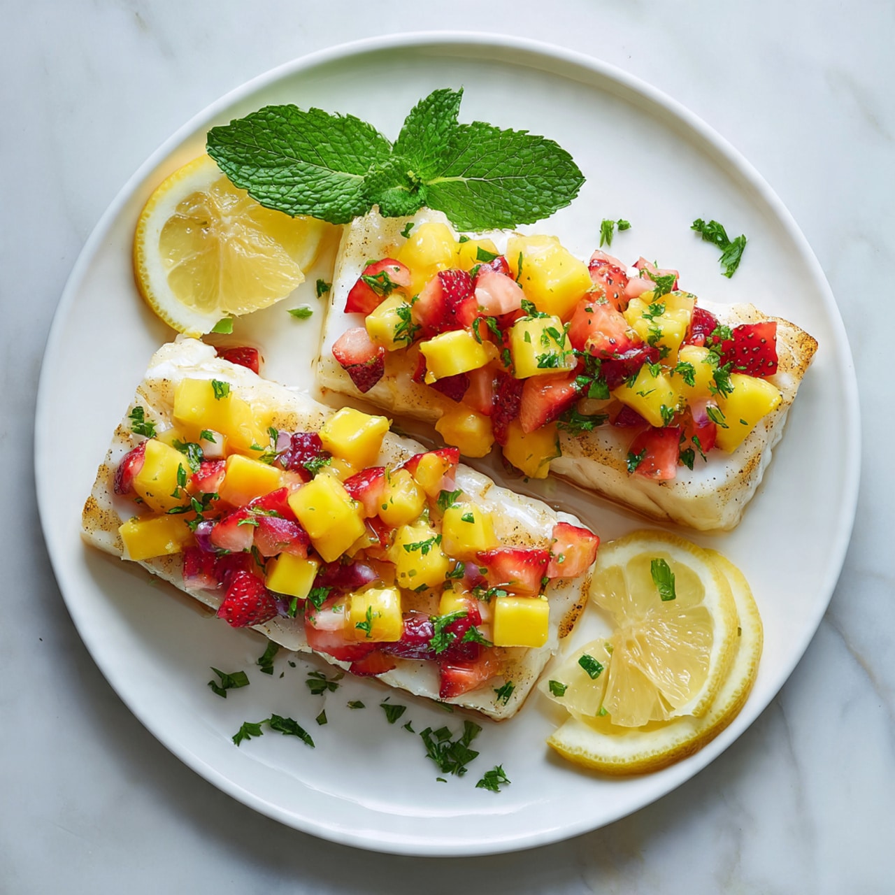 The image shows three thick, square pieces of grilled white fish, each topped with a colorful fruit salsa made of small chunks of yellow mango and bright red strawberries, garnished with finely chopped green herbs scattered over the salsa and fish. The fish pieces sit on a round white plate that has a fresh green mint leaf placed to the side and slices of lemon near the edges. The background surface is white marble, giving a clean and fresh look. Photo taken with an iphone --ar 4:5 --v 7
