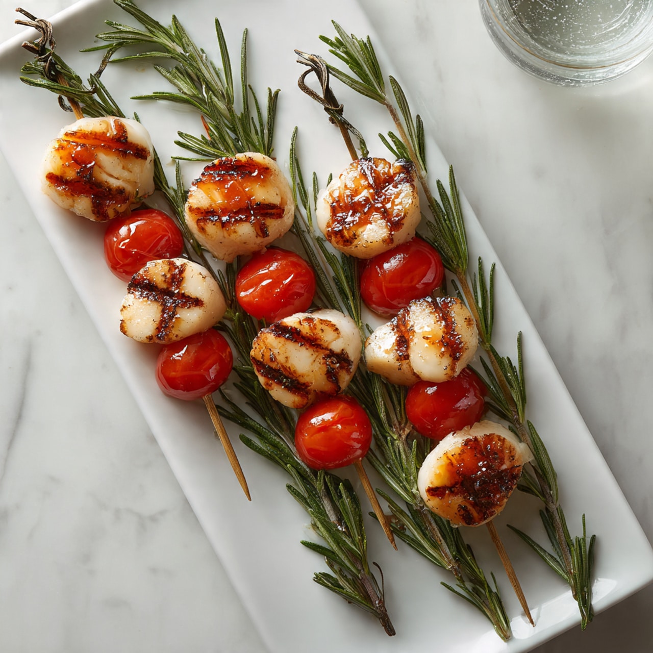 A white rectangular plate on a white marbled surface holds seven skewers, each made from a sprig of green rosemary as the base. On each rosemary sprig, there is a bright red cherry tomato at the bottom, and above it, two grilled scallops with distinct brown grill marks stacked vertically. The scallops show a slightly browned, charred texture, contrasting with the smooth, shiny surface of the tomatoes below. The overall arrangement is neat and evenly spaced, with a small part of a round white plate and a glass cup partially visible in the background. photo taken with an iphone --ar 4:5 --v 7