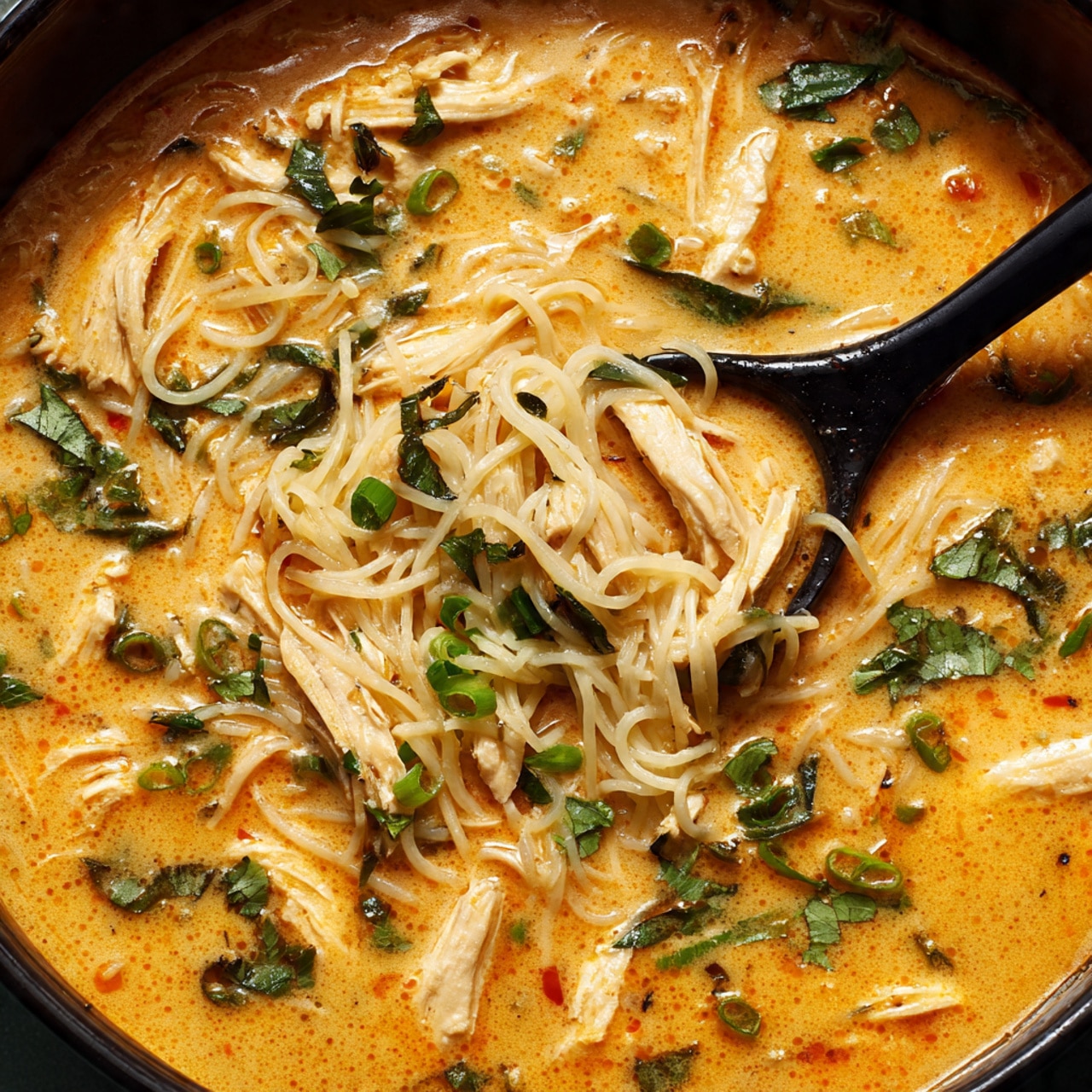 This image shows a creamy orange soup filled with white thin noodles and pieces of shredded light-colored chicken. The soup is in a bowl with a black ladle scooping some noodles and chicken above the surface. There are green herb leaves, likely cilantro, and chopped green onions scattered throughout the soup. The soup has a smooth texture with some red specks indicating mild spices. The overall look is vibrant with the mix of creamy orange soup, white noodles, and bright green herbs. Photo taken with an iphone --ar 4:5 --v 7