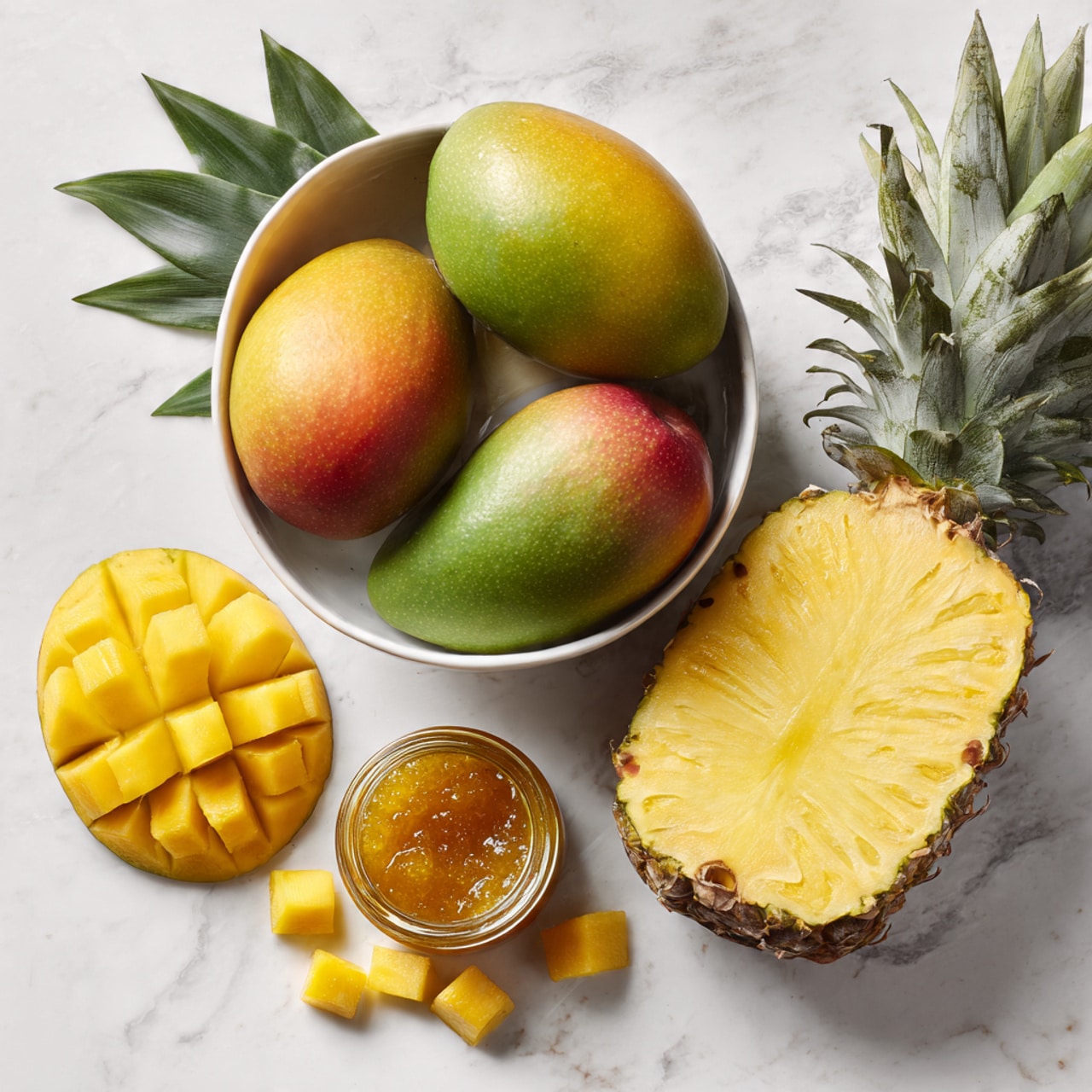A white bowl is filled with three whole mangoes showing green, yellow, and orange colors, placed at the center of the image. To the right of the bowl is a half pineapple with bright yellow flesh and green leaves extending out, resting on a white marbled surface. At the bottom left and bottom right of the bowl are two mango halves with orange flesh cut into a grid pattern. Small pineapple chunks are scattered near the bottom center. A small jar of golden mango or pineapple jam is placed inside the bowl beside the mangoes. Photo taken with an iphone --ar 4:5 --v 7