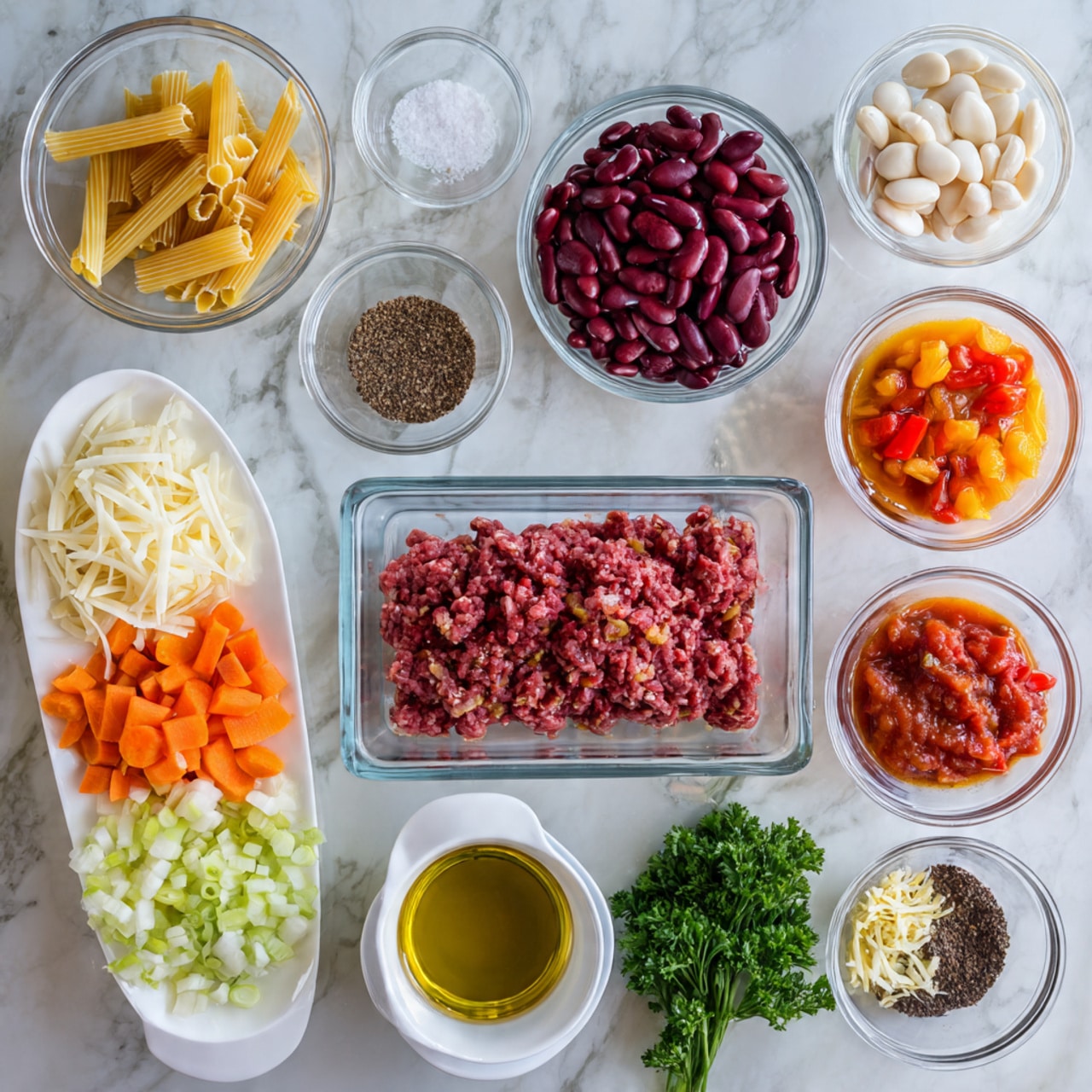 The image shows clear glass and white dishes arranged on a white marbled surface, each filled with fresh ingredients for cooking. There is a rectangular glass container in the center holding raw ground beef, surrounded by small bowls with red kidney beans, white beans, shredded cheese, diced tomatoes in sauce, tomato paste, chopped carrots, celery, and onions on a white oval plate. Other small bowls contain olive oil, minced garlic, mixed dried herbs, salt and pepper, dried pasta, and a small glass of broth. A small bowl holds fresh parsley, adding a touch of bright green color. The arrangement is neat and colorful, showing all ingredients clearly and separately. Photo taken with an iphone --ar 4:5 --v 7