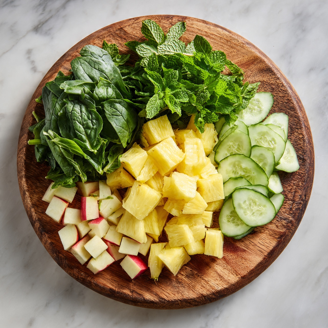 A round wooden board holds a colorful arrangement of fresh ingredients. Starting from the left, there is a small pile of dark green spinach leaves. Next to it, in the center, are bright yellow chunks of pineapple cut into medium pieces. Above the pineapple, there are fresh green mint sprigs. To the right of the pineapple, there are even slices of light green cucumber with a smooth texture and visible seeds. Below the pineapple and cucumber, there are small cubes of apple with red skin and white flesh. The round wooden board sits on a white marbled surface. photo taken with an iphone --ar 4:5 --v 7