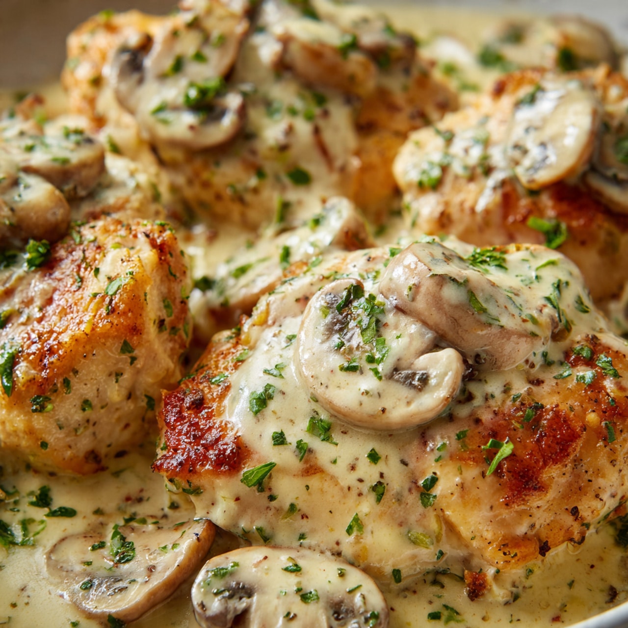 This image shows a close-up of cooked chicken pieces covered in a creamy light brown sauce with sliced mushrooms. The chicken pieces are golden brown with a slight crispy texture on top. The sauce is creamy and smooth, pooling around and slightly covering the chicken. The mushrooms are soft, cooked, and scattered on top of the chicken and sauce with bits of fresh green herbs sprinkled over everything. The scene is set against a white marbled texture background. Photo taken with an iphone --ar 4:5 --v 7