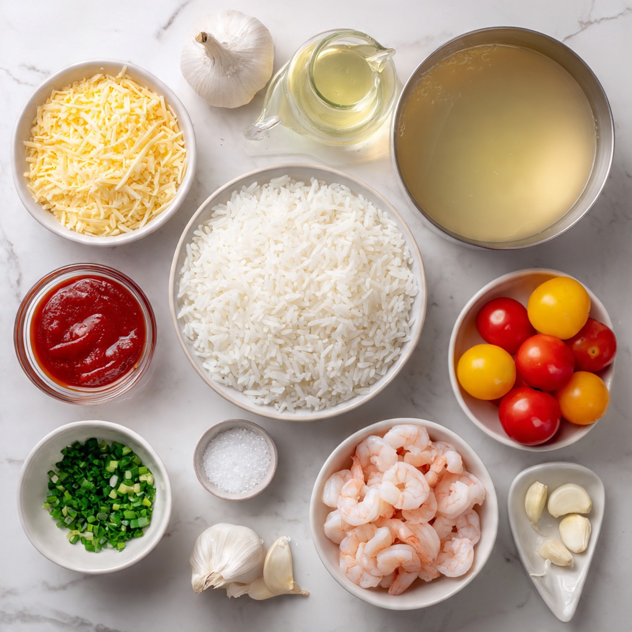 A top view of various ingredients for cooking arranged on a white marbled surface, including a large white bowl filled with white rice grains at the center, a white bowl with small pink and white shrimp pieces to the bottom right, a white bowl with halved yellow and red cherry tomatoes to the right, a white bowl with chopped green chives above the shrimp, a white bowl with grated pale yellow cheese to the top left, a small glass bowl of red tomato paste above the cheese, a small glass jug of light yellow cooking liquid to the bottom left of the cheese, a small white dish of salt near the center, three whole peeled garlic cloves below the rice, a small gray bowl of chopped onions below the garlic, and a large metal bowl filled with a pale yellow broth in the top right corner photo taken with an iphone --ar 4:5 --v 7