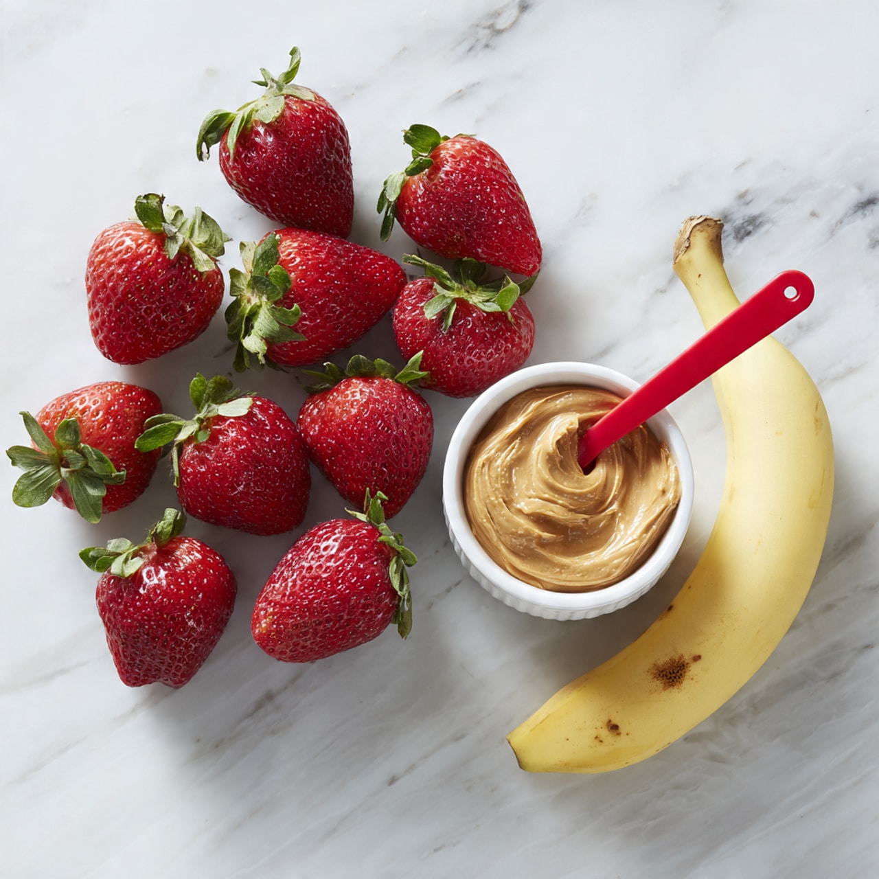 The image shows a white marbled surface with a group of fresh red strawberries with green leaves on the left side. To the right of the strawberries is a small white bowl filled with creamy peanut butter, with a red measuring spoon inside it. On the far right, there is a whole yellow banana with a small brown spot near the bottom. The colors are bright and natural, and the items are spaced apart neatly. Photo taken with an iphone --ar 4:5 --v 7