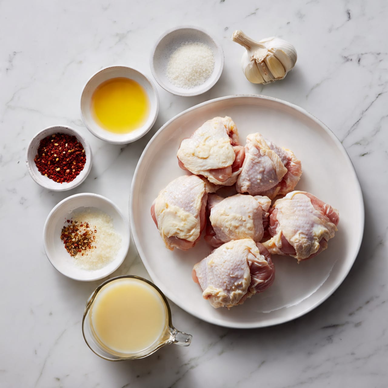 The image shows a white round plate holding five raw chicken pieces placed on a white marbled surface. Around the plate, there are small white bowls and containers with different ingredients: one bowl with yellow melted butter, another with a mix of red and brown spices, a white creamy substance in a bowl, a small bowl with garlic, another with a small pile of salt, and a measuring cup filled with a light yellow broth. Everything sits neatly arranged on the white marbled background. Photo taken with an iphone --ar 4:5 --v 7
