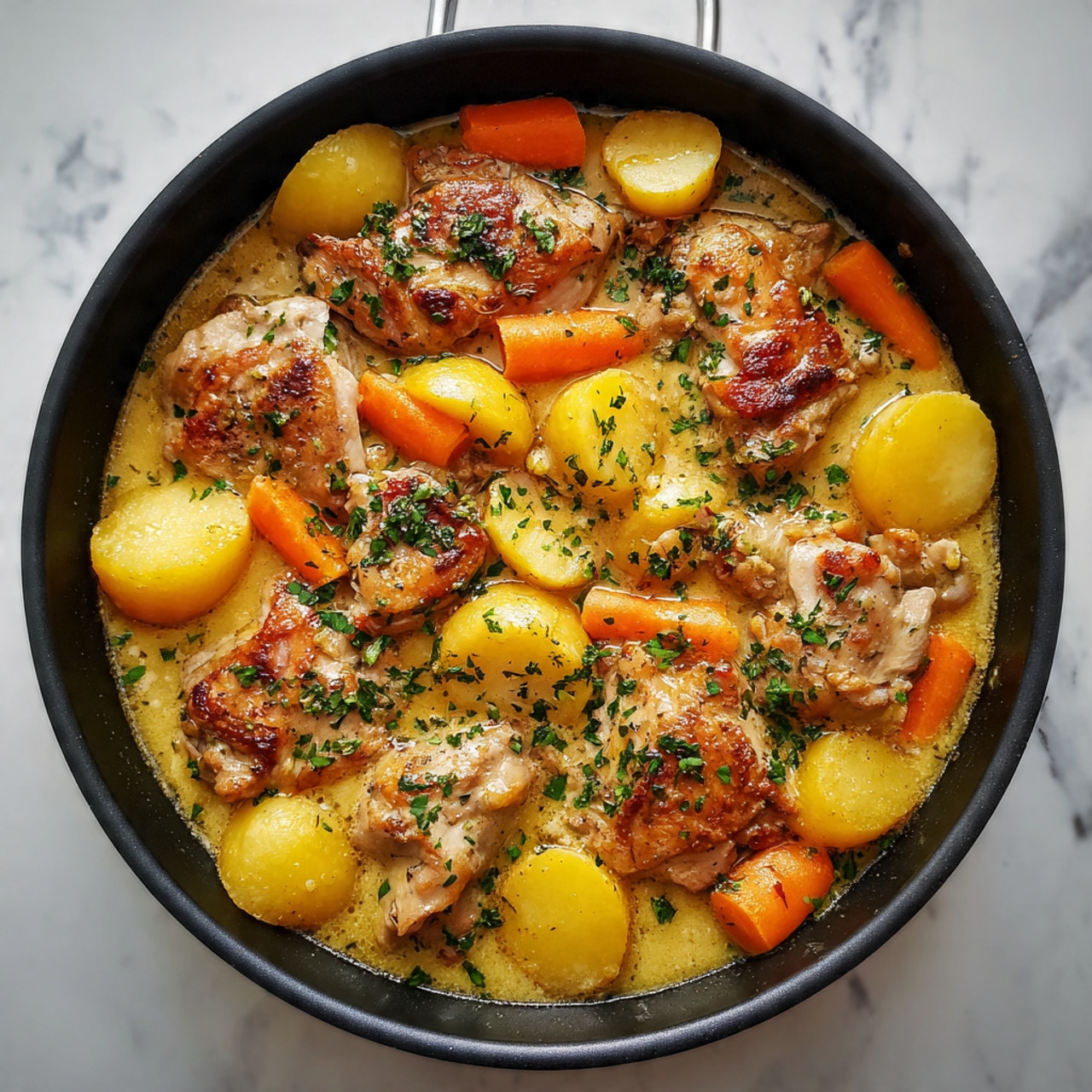 A black cooking pan on a white marbled surface filled with cooked chicken pieces in a yellowish sauce with spices. There are visible bits of fresh green herbs sprinkled on top along with sliced yellow potatoes and orange carrot pieces mixed in the sauce. The chicken pieces look tender and moist, surrounded by a glossy sauce that has small bubbles and oil highlights. photo taken with an iphone --ar 4:5 --v 7