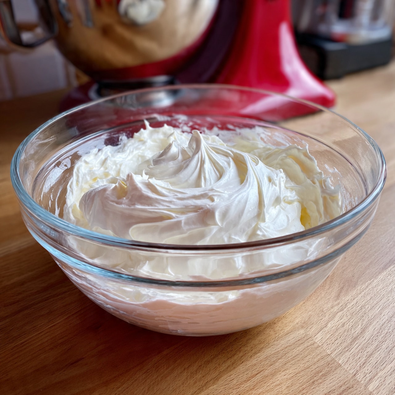 A clear glass mixing bowl holds a thick, fluffy white cream with smooth swirls and soft peaks on the surface. The bowl is placed on a wooden countertop, with a red stand mixer partly visible behind it. The cream's texture looks light and airy, filling most of the bowl evenly. Photo taken with an iphone --ar 4:5 --v 7