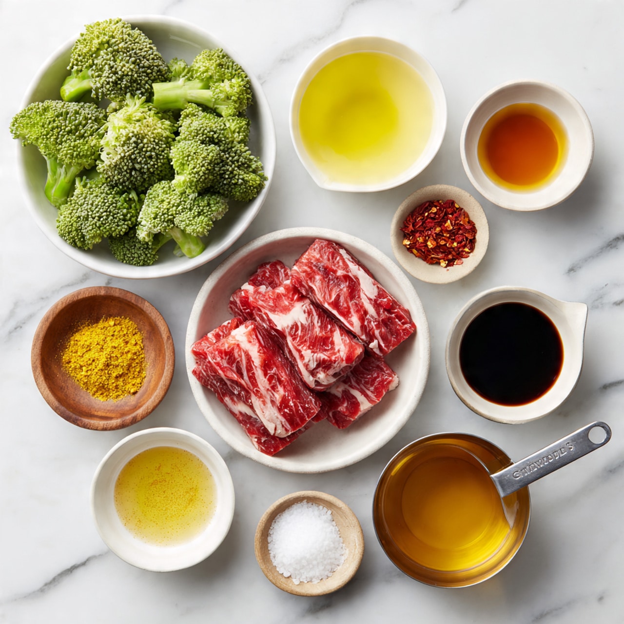 The image shows nine bowls and a measuring cup with ingredients placed on a white marbled surface. In the top left, a white bowl holds bright green broccoli florets, next to a small white bowl with a light yellow liquid. Below, there is a white bowl filled with thin slices of raw red meat with white fat streaks. To the left, a small wooden bowl contains a mix of yellow powder and red flakes. Around the meat bowl on the right side, there is a medium white bowl filled with a dark black liquid, a tiny white bowl with a clear golden liquid, a smaller white bowl containing a dark brown liquid, a white bowl with a reddish-brown liquid, a small wooden bowl with white powder, and finally a metal measuring cup with a thick amber liquid. All items are spaced neatly against the white marbled background. Photo taken with an iphone --ar 4:5 --v 7