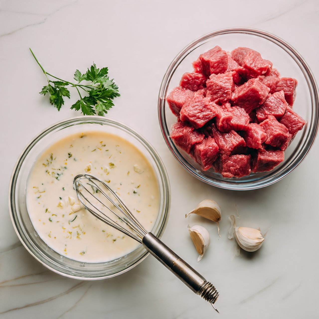 The image shows two clear glass bowls on a white marbled surface. The bowl on the left contains a creamy white sauce with small green flecks and a metal whisk resting inside it. The bowl on the right is filled with raw red meat cubes, looking fresh and dense. Near the bowls, there are some garlic cloves and green parsley leaves. The overall lighting highlights the textures of the meat and sauce clearly. Photo taken with an iphone --ar 4:5 --v 7