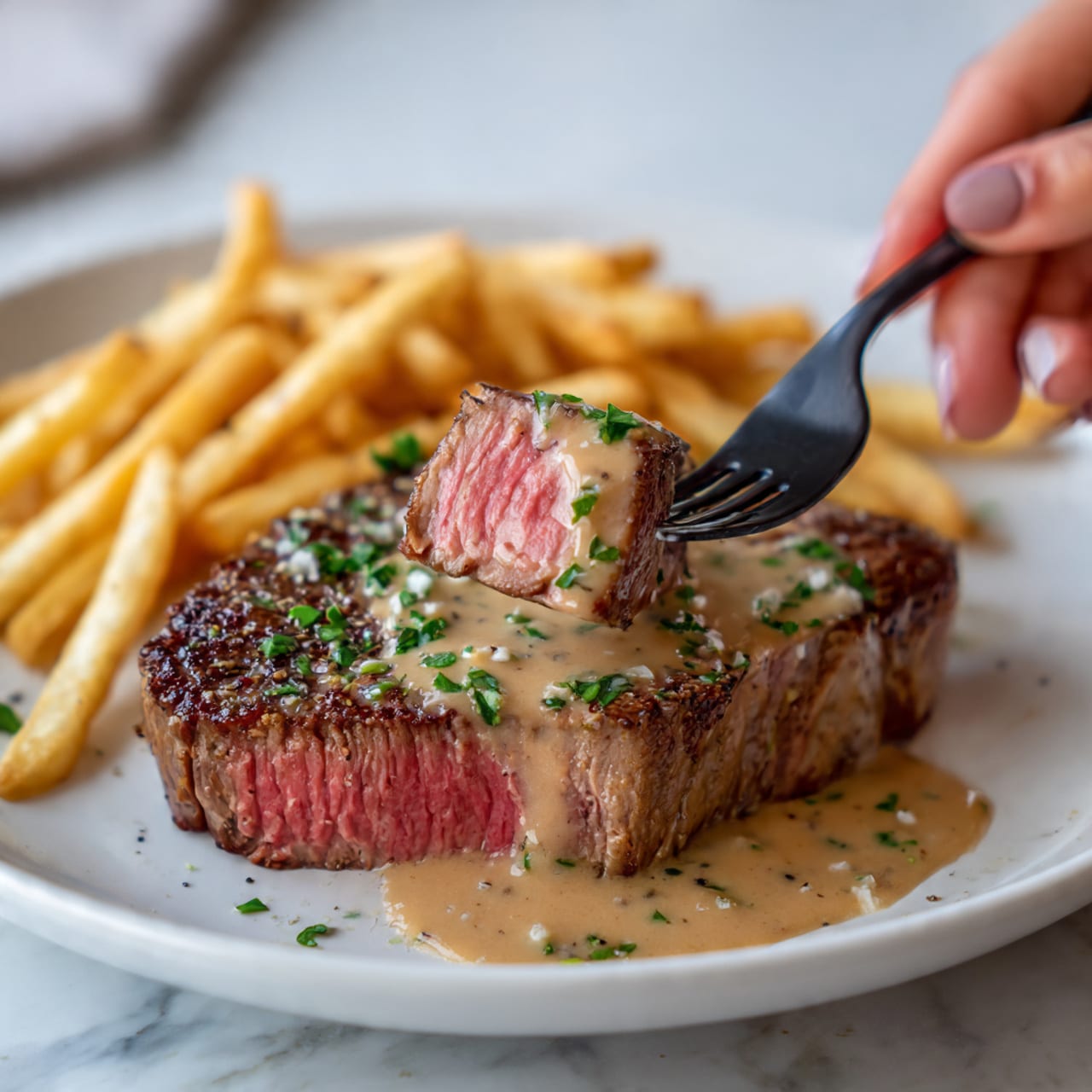 A close-up view of a thick steak cooked medium rare with a soft pink center, covered in a creamy brown sauce with small green herb pieces. The steak is on a white plate with a few golden fries on the side. In front of the steak, a black fork holds a small bite of the meat dipped in the sauce. A woman's hand is holding the fork gently. The background is a white marbled surface. photo taken with an iphone --ar 4:5 --v 7