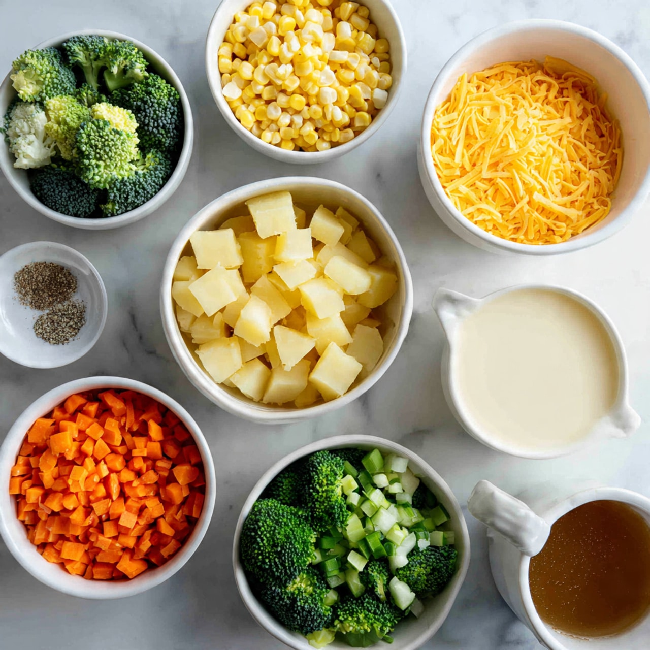 A top-down view of various clear glass bowls and containers neatly arranged on a white marbled surface, each holding a different ingredient. In the center is a plastic tray with two raw chicken breasts, pale pink and smooth. Surrounding it are chopped white onions, sliced orange carrots, sliced green celery, minced garlic, a small cube of butter, wild rice mix with shades of brown and black, and small piles of flour, salt, and black pepper in glass jars with golden tops. There are also two glass measuring cups with amber-colored broth, and two more cups with clear water and white cream, all arranged in a clean and organized manner. photo taken with an iphone --ar 4:5 --v 7