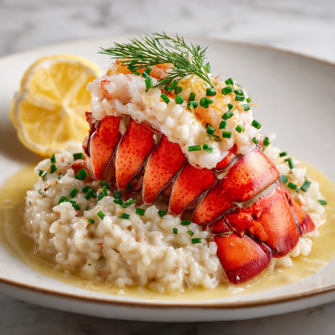 The image shows a thick, creamy risotto served in a deep white plate, placed on a white marbled surface. The risotto has a soft yellow color from the sauce, with small pieces of red lobster meat mixed inside. On top, there are small bright green chopped chives scattered evenly. The texture looks rich and slightly glossy, with the rice grains sticking together but still clearly visible. photo taken with an iphone --ar 4:5 --v 7