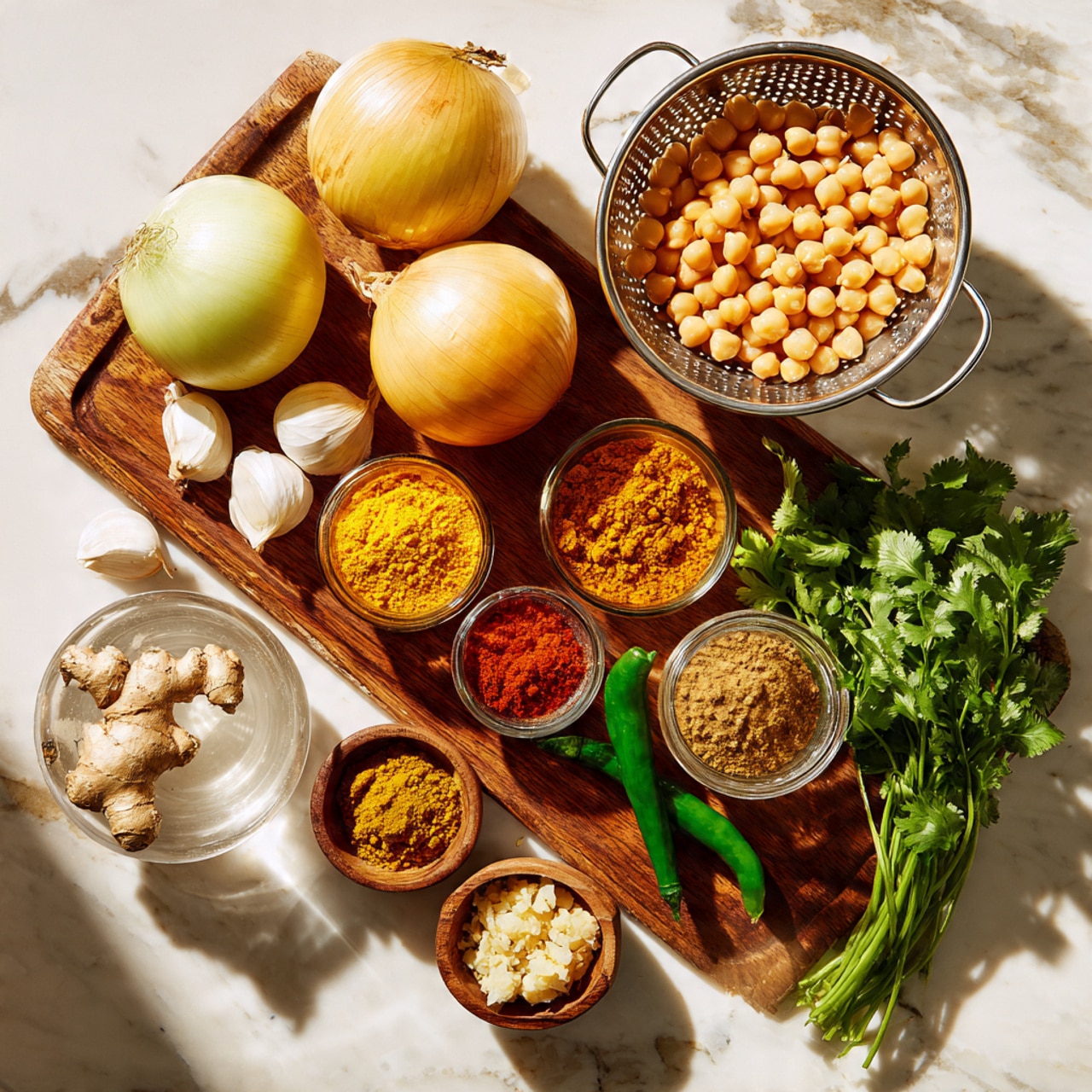 The image shows a wooden board on a white marbled surface with various ingredients neatly arranged. On the board, there are two whole yellow onions, one whole and one half, four garlic cloves, two green chili peppers, fresh cilantro sprigs, and a fresh ginger root. There are four small bowls filled with ground spices: one with yellow powder, one with orange powder, and two with different brown powders. A small wooden bowl holds minced ginger. Next to the board, a metal colander contains pale yellow chickpeas, and nearby there is a glass container holding crushed tomatoes with a glass of water. The light is soft and natural, with the colors of the ingredients vibrant and clear. Photo taken with an iphone --ar 4:5 --v 7