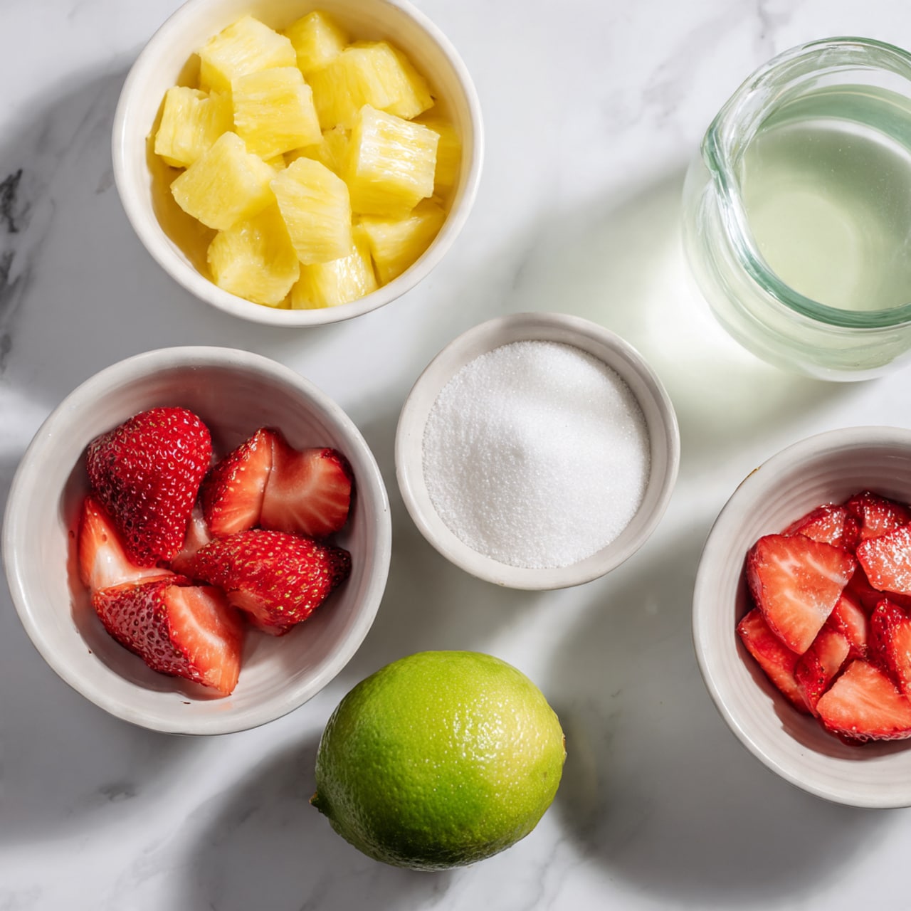 The image shows five white bowls on a white marbled surface. One bowl has small pineapple pieces that are yellow and juicy in texture, another bowl contains bright red strawberry halves neatly arranged, and a third bowl has a soft white powder. A fourth smaller bowl is filled with white granulated sugar, and next to the bowls there is a light green lime and a clear glass bottle filled with a pale liquid. The bowls are arranged in a loose circle, creating a clean and fresh look. Photo taken with an iphone --ar 4:5 --v 7