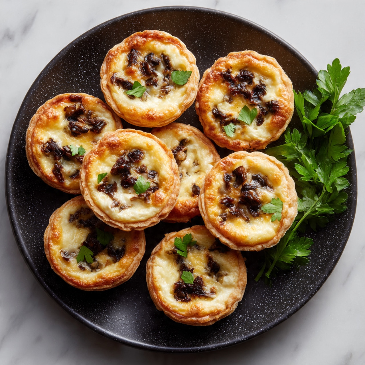The image shows a black speckled round plate filled with small round tarts arranged closely together. Each tart has a golden-brown crust with a slightly puffy edge. Inside, the tarts have layers of melted cheese that is creamy white with some browned spots on top. There are pieces of dark brown mushrooms mixed into the cheese inside each tart. A few fresh green parsley leaves are placed on the right side of the plate for garnish. The plate is set on a white marbled surface. Photo taken with an iphone --ar 4:5 --v 7