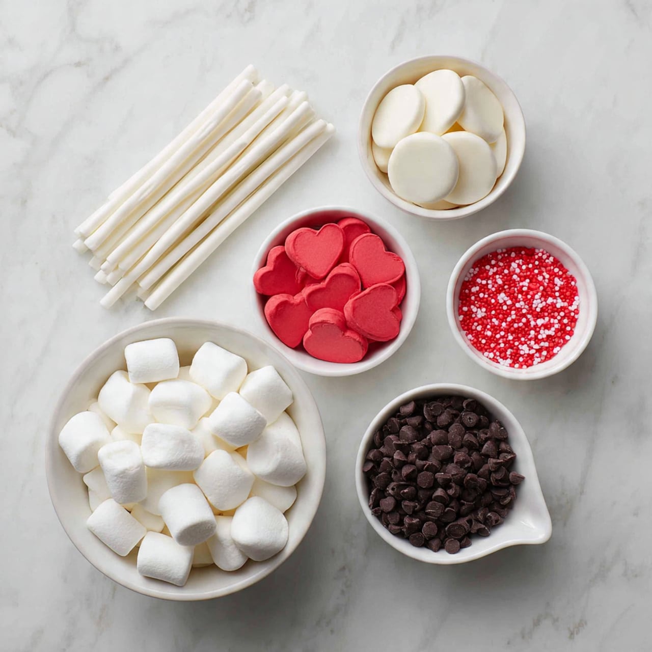 The image shows six white bowls and containers placed on a white marbled surface. The largest bowl at the bottom left is filled with large white marshmallows, soft and fluffy. To the top left, there are white sticks arranged in a neat pile. At the top center, a white bowl contains white candy wafers, smooth and round. Below it, a slightly smaller white bowl is filled with red candy wafers, flat and circular with a matte texture. To the top right, a small white bowl holds tiny red heart-shaped sprinkles, bright and vibrant. On the bottom right, a white bowl with a small spout is filled with dark chocolate chips, small and shiny with a rounded shape. The setting looks clean and well-organized. Photo taken with an iphone --ar 4:5 --v 7