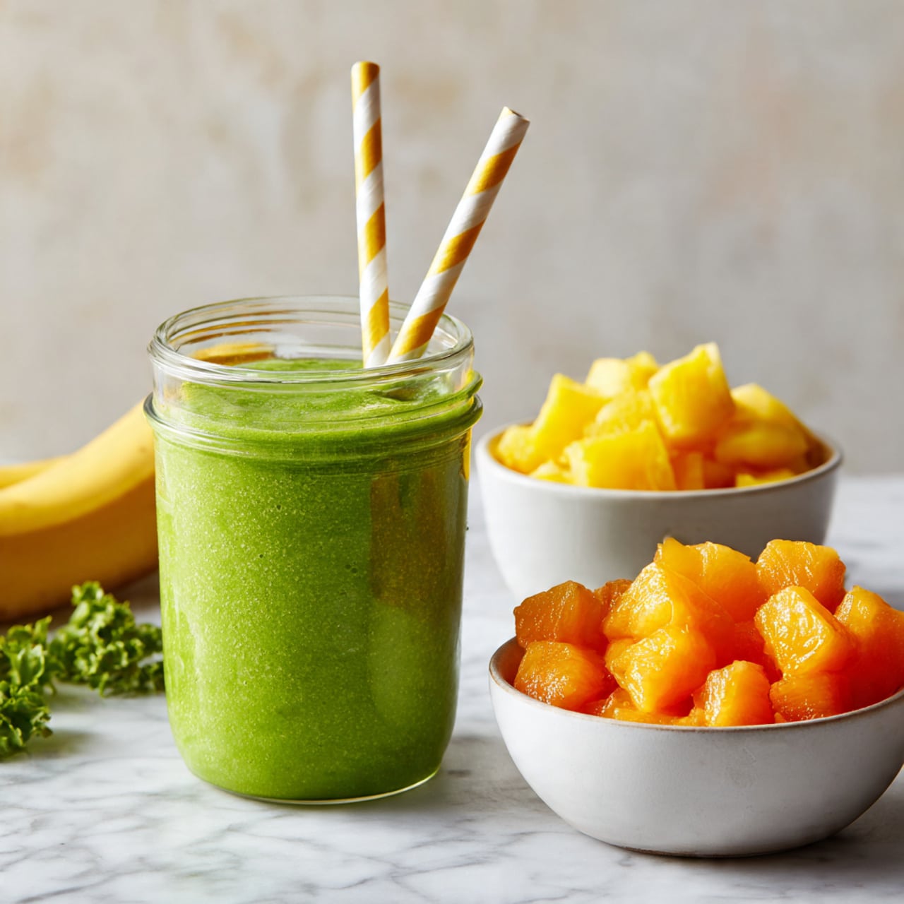 A clear glass jar filled with a thick, bright green smoothie fills most of the image. Two yellow and white striped straws stand out from the jar’s top. In front of the jar and slightly to the side, there is a small white bowl piled high with bright orange chunks of frozen fruit. Behind the jar, another white bowl contains yellow fruit pieces. The items sit on a white marbled surface with a blurred out pale background, and a ripe banana and a few green leaves are placed casually around the jar and bowls. Photo taken with an iphone --ar 4:5 --v 7