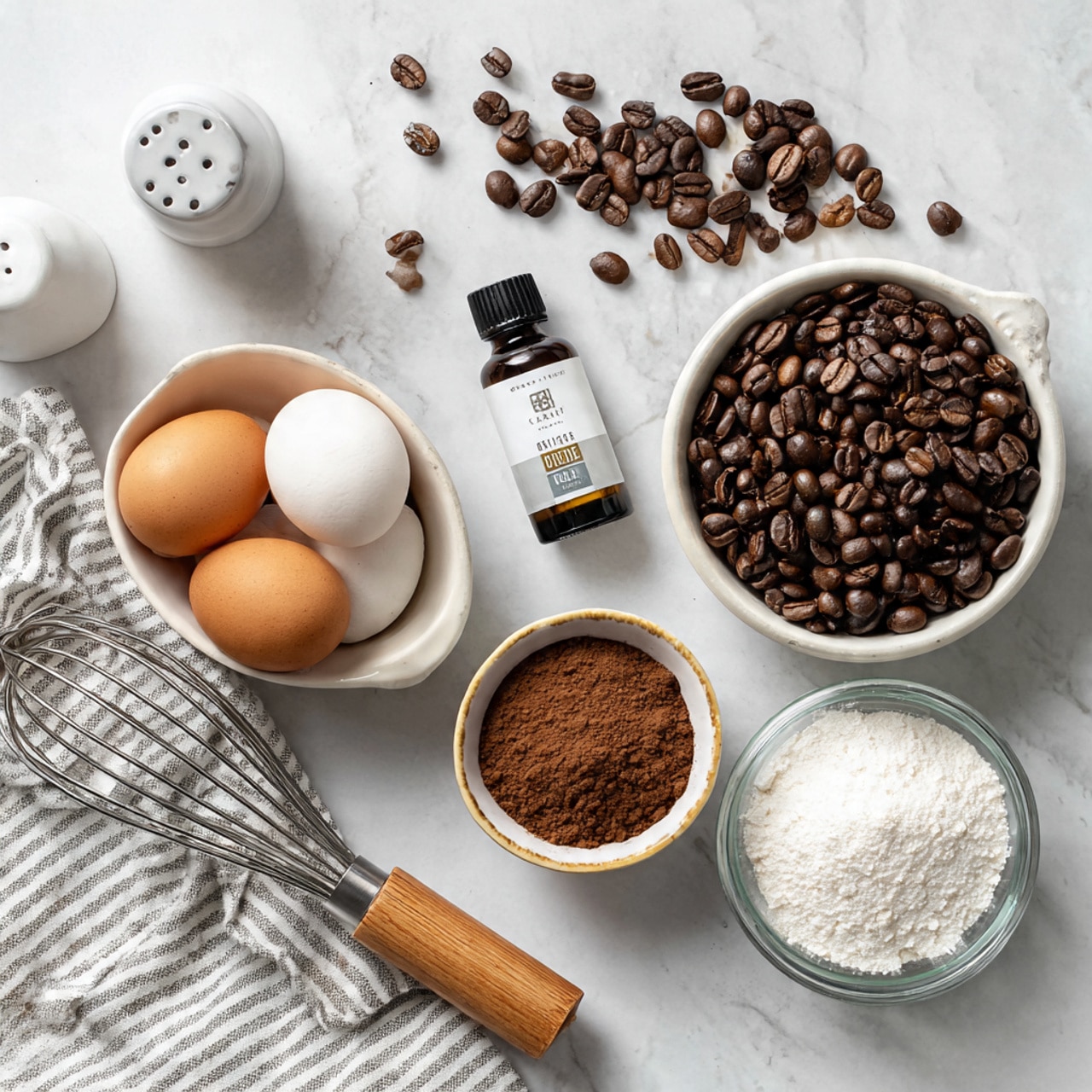 The image shows several baking ingredients arranged neatly on a white marbled surface. There are three eggs with brown and white shells placed in the center. To the top left is a small white salt shaker and next to it a bunch of scattered whole coffee beans. On the right, a bottle of vanilla extract with a dark brown label is placed. Below the ingredients, a small white bowl filled with brown powder, likely cocoa or cinnamon, is positioned. A larger white bowl holds white granulated sugar, and nearby is a glass bowl filled with dark roasted coffee beans. A whisk with a wooden handle lies diagonally across a striped kitchen towel at the bottom left. Photo taken with an iphone --ar 4:5 --v 7