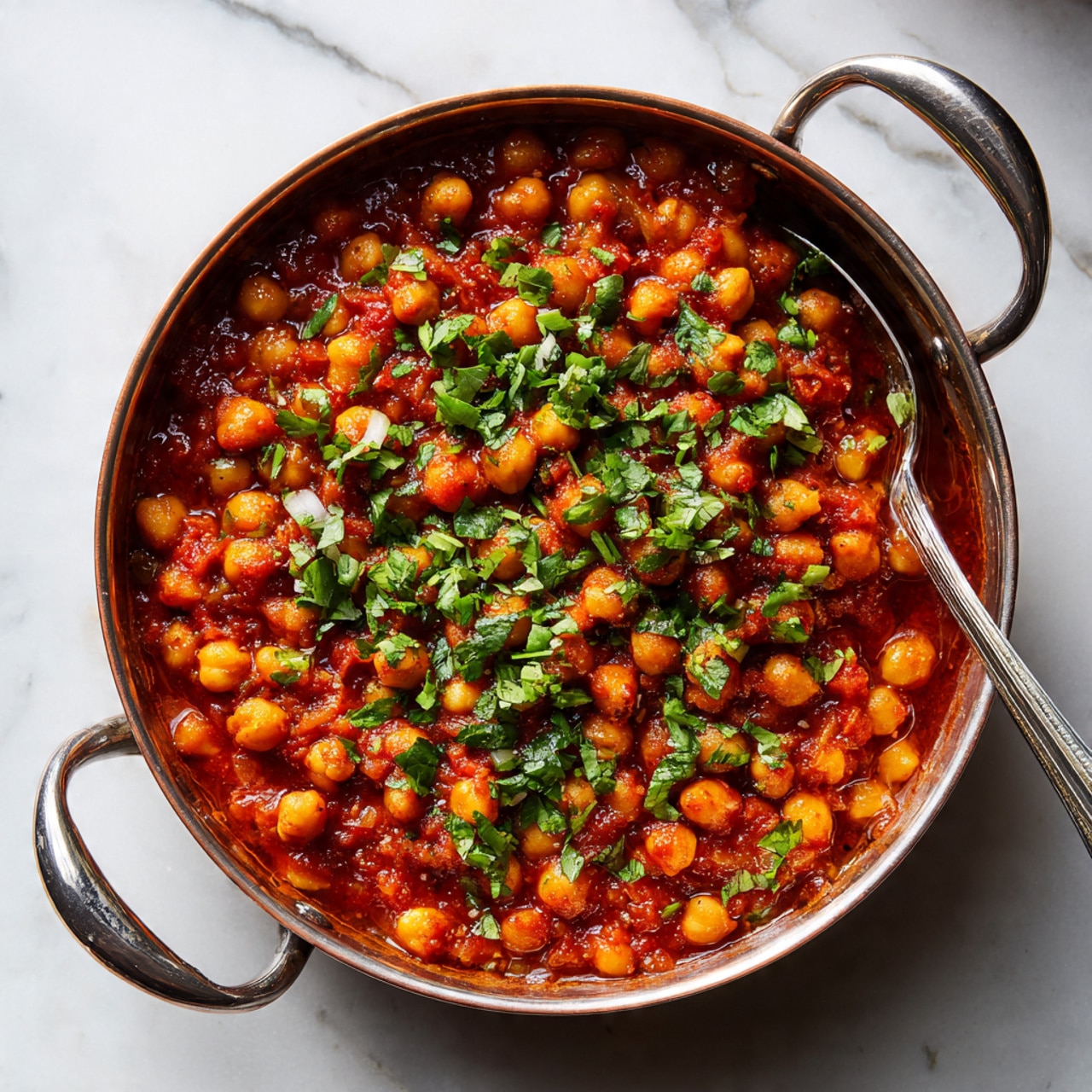 The image shows a round, deep copper pan with two silver handles on a white marbled surface. Inside the pan is a thick, chunky stew with a rich red-orange color made from chickpeas and tomatoes. The stew is topped with small pieces of white onion and chopped green cilantro scattered on top, adding a fresh contrast. A silver spoon is resting inside the pan, slightly buried in the stew. The lighting highlights the texture of the stew and the shiny handles of the pan. photo taken with an iphone --ar 4:5 --v 7