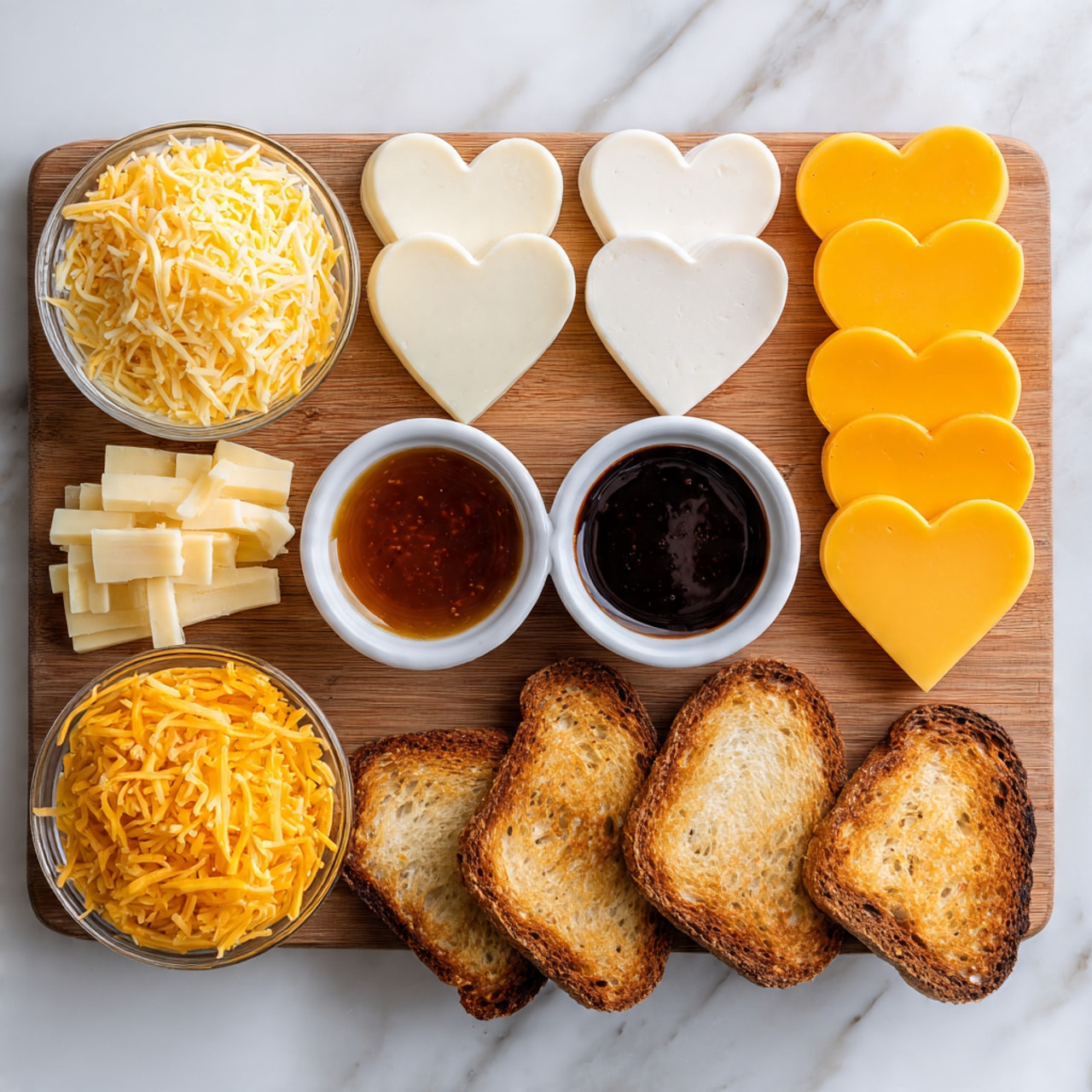 The image shows a wooden board with neatly arranged ingredients for a cheese dish. There are four heart-shaped slices of toasted bread at the bottom right, with a golden crust and light brown texture. To the left of the bread, there are small piles of different cheese types in various forms: shredded yellow cheddar cheese in a small clear bowl, rectangular slices of white cheese stacked in a small pile, and thin slices of orange cheddar cheese stacked next to solid heart-shaped white cheese pieces placed in the middle top. Two small white bowls filled with dark brown and lighter amber sauces sit in the middle row, center left and center, surrounded by the cheese and bread. The whole arrangement is set against a white marbled surface. Photo taken with an iphone --ar 4:5 --v 7