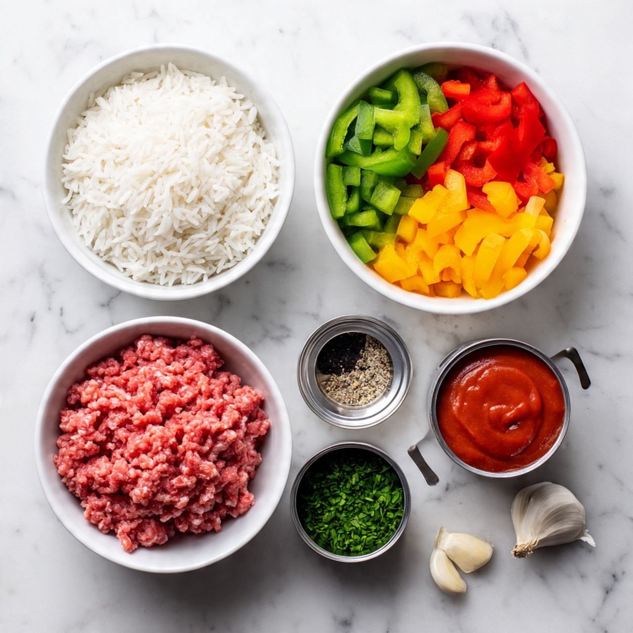 The image shows four white bowls and some cans on a white marbled surface. The top left bowl is filled with plain white cooked rice, showing fluffy grains. The top right bowl holds three layers of chopped vegetables: green bell pepper on the right, red bell pepper in the middle, and yellow bell pepper on the left. The bottom left bowl contains raw ground meat with a pinkish-red color and coarse texture. The bottom right area has an open can with smooth red tomato sauce, an open can filled with chopped green herbs, a small metal container with black pepper, and a whole garlic bulb with two peeled cloves lying next to it. photo taken with an iphone --ar 4:5 --v 7