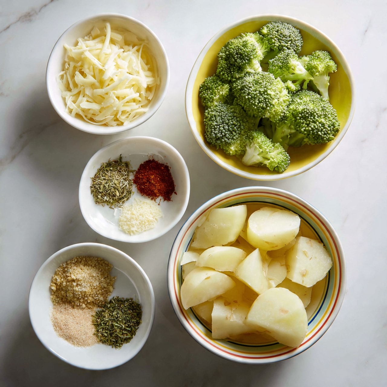The image shows four bowls with different ingredients arranged on a white marbled surface. In the bottom right, a white bowl with colorful stripes is filled with peeled and chopped white potato pieces, smooth in texture. To the top right, a white bowl with a yellow rim holds bright green broccoli florets, fresh and slightly moist. On the bottom left, a small white bowl contains a powdery spice mix with light brown and green specks. Above that, a white bowl holds grated white cheese and chunks of pale yellow cheese, both finely shredded and solid. At the top left, another white bowl displays five small piles of different spices: green dried herbs, red powder, and light beige powders, each separated clearly on the plate. Photo taken with an iphone --ar 4:5 --v 7