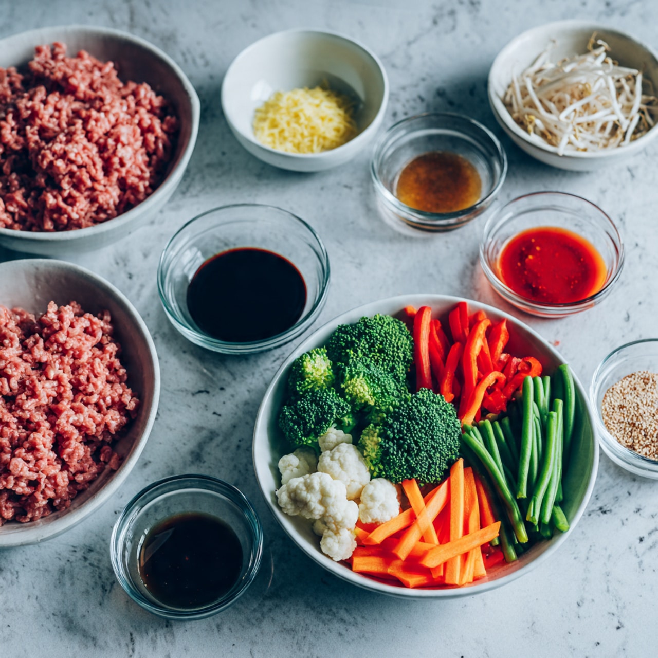 The image shows several bowls on a white marbled surface, each holding different cooking ingredients. On the right side, there is a white bowl filled with colorful raw vegetables including green broccoli, orange carrot sticks, red bell pepper slices, green beans, and white cauliflower pieces. Next to it on the left, a bowl contains a large portion of raw ground meat, pink and textured. Above this are smaller white bowls: one with light yellow minced ginger, one with dark soy sauce, one with shredded pale bean sprouts, and one with a brown granular substance. There are also small glass bowls holding bright red chili sauce, dark brown liquid, and light beige minced garlic, all neatly arranged. photo taken with an iphone --ar 4:5 --v 7