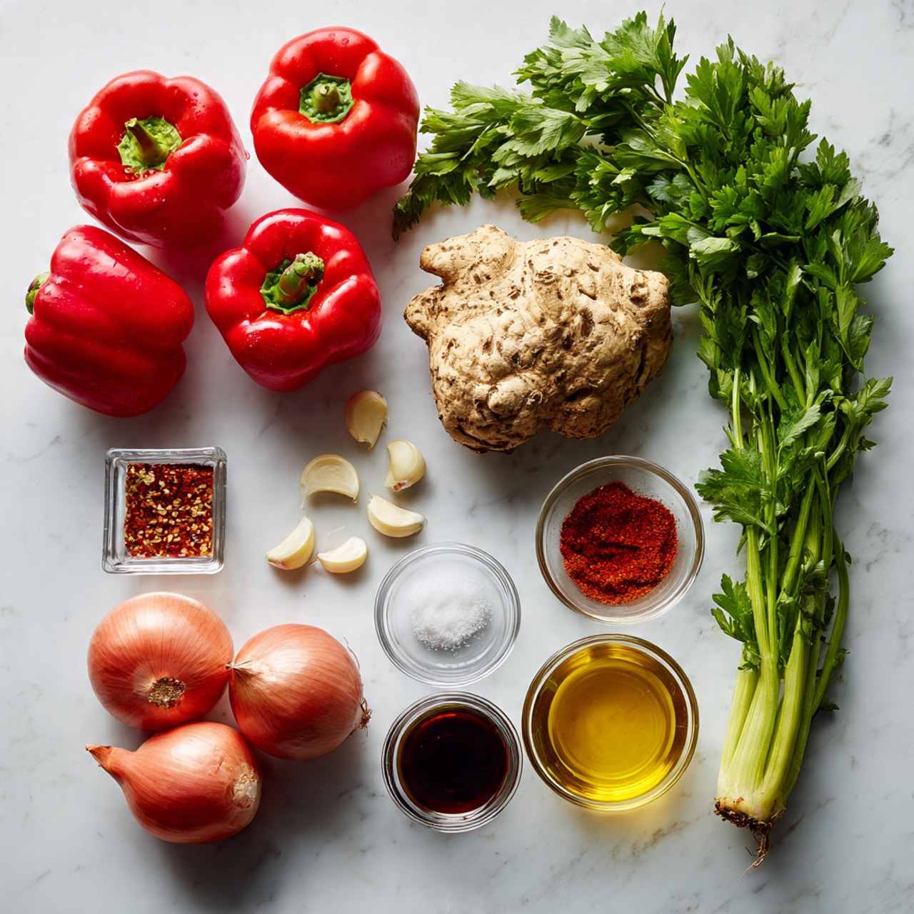 The image shows an arrangement of fresh ingredients on a white marbled surface. In the top left corner, there are three bright red bell peppers grouped closely. To the right of the peppers, a large, round, knobby celery root with a rough beige surface is visible. Below the celery root, a bunch of fresh green parsley with leafy stems spreads outwards. Directly beneath the peppers, there is a small square glass jar filled with a golden brown liquid beside five peeled garlic cloves scattered in a curved line. Below the garlic, there are three small glass bowls arranged vertically, containing white salt, red chili flakes, and red paprika powder from top to bottom. Next to these, there is a yellow onion with flaky skin sitting above three fresh Roma tomatoes that have a pinkish-red color, arranged in a loose cluster. On the bottom right side, two round glass bowls hold a dark reddish-brown liquid and bright yellow olive oil. The overall scene is bright and clean, with a top-down view showing clear details of each item. Photo taken with an iphone --ar 4:5 --v 7