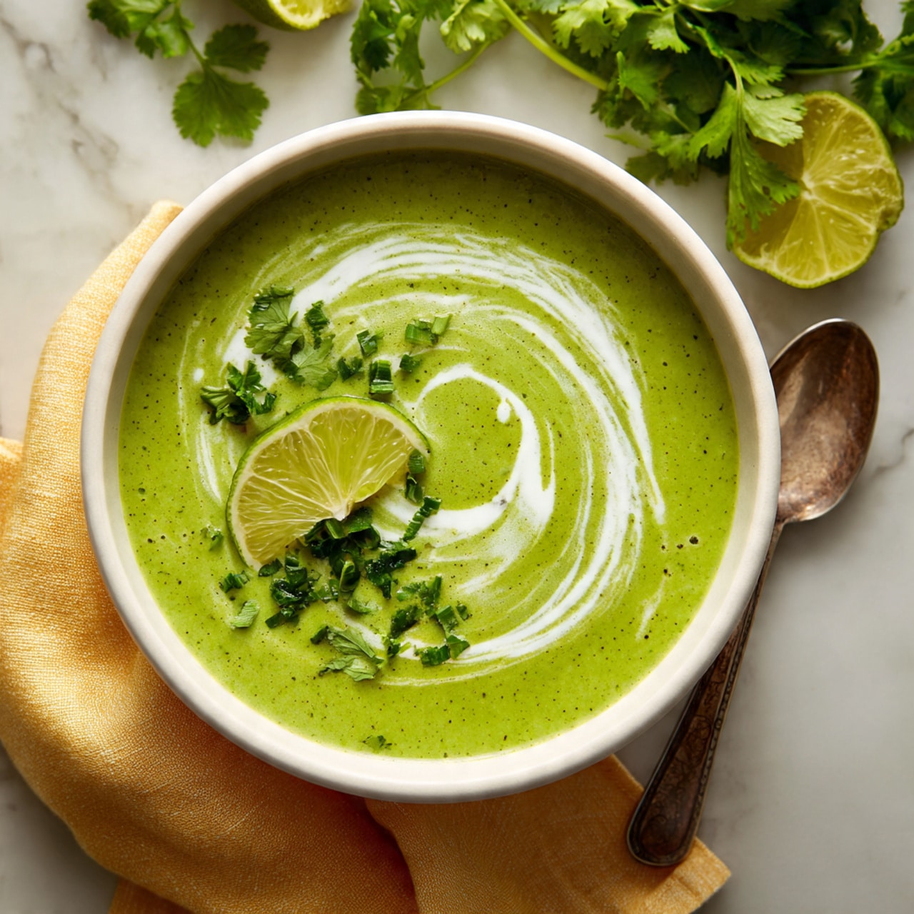 A white bowl filled with bright green soup that looks smooth and creamy, with a swirl of white cream on top creating a curved pattern. There are thin slices of green lime and a small pile of chopped green herbs placed on one side of the cream swirl. The bowl sits on a soft yellow cloth on a white marbled surface, with a spoon resting inside the bowl near the edge. In the background, blurred green leaves and fresh salad add a natural, fresh feeling to the scene. Photo taken with an iphone --ar 4:5 --v 7