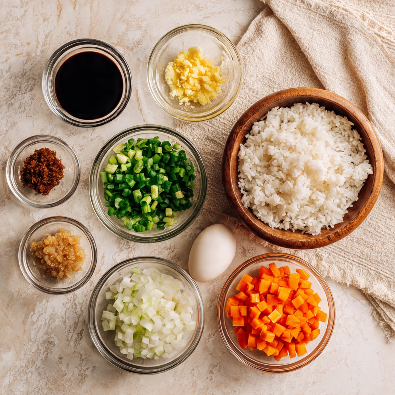 The image shows seven small clear glass bowls and one wooden bowl placed on a white marbled surface with a beige textured cloth on the corners. The wooden bowl holds white cooked rice with a soft, fluffy texture. Around it, starting from the top left, there is a small glass bowl with dark soy sauce, a small glass bowl containing light yellow minced garlic, and a medium glass bowl with chopped green onions that are vibrant and fresh. Below the garlic is a small glass bowl of brown minced ginger paste. In the center is a plain white egg. To the right of the egg is a medium glass bowl filled with finely chopped white onions. Below that is another medium glass bowl with small orange diced carrots. The items are neatly arranged in a visually balanced grid. Photo taken with an iphone --ar 4:5 --v 7