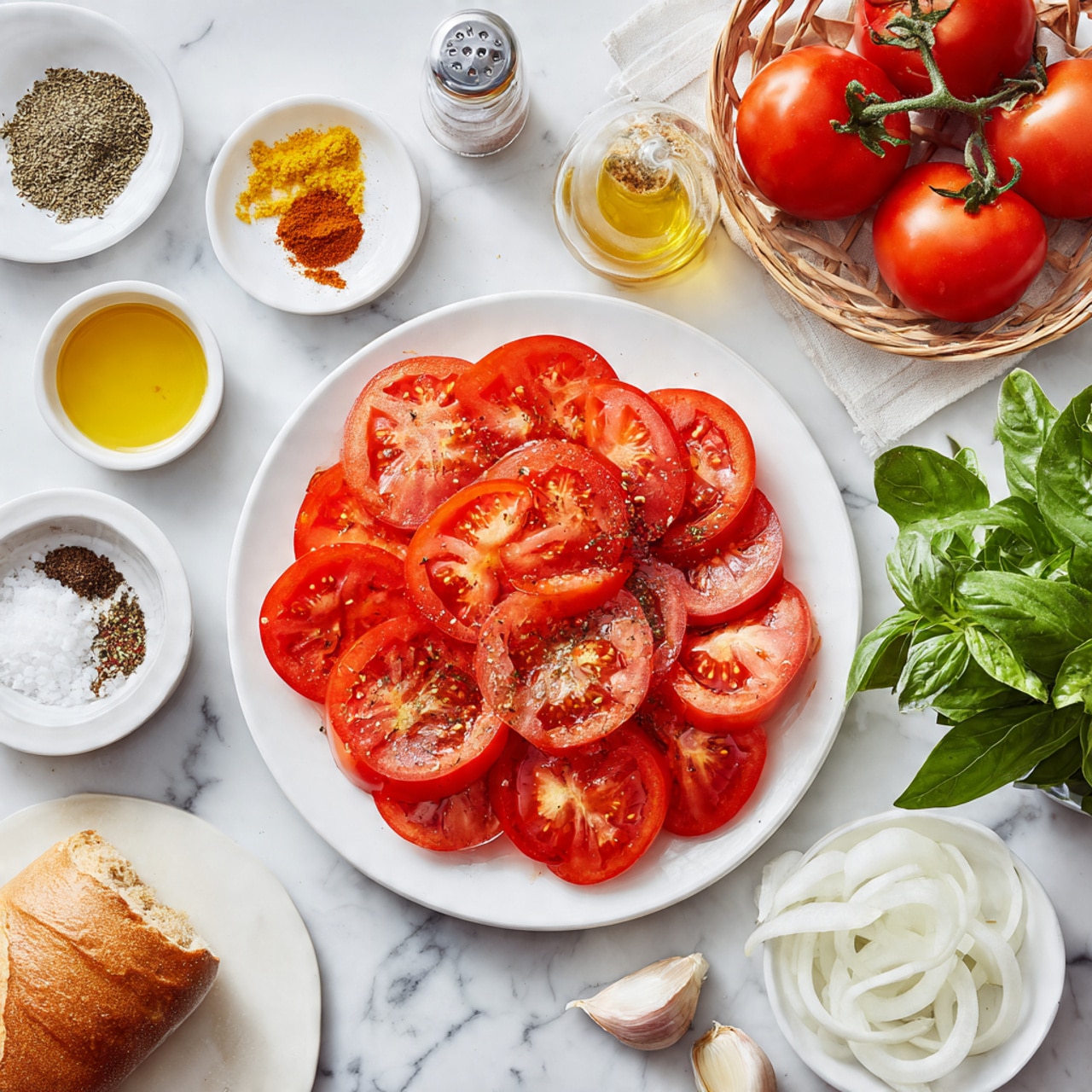 A white round plate on a white marbled surface is filled with fresh, red tomato wedges arranged neatly in a circular pattern. The tomatoes have a glossy texture, showing their juiciness and freshness. Around the plate, there are several small white bowls and containers holding ingredients like chopped white onions, bright yellow mustard, mixed spices, salt and pepper, some tomato juice, whole garlic cloves, and a bunch of fresh green basil leaves. On the top right, a basket holds additional whole red tomatoes. Also present is a small loaf of bread with a golden-brown crust resting on the surface. Photo taken with an iphone --ar 4:5 --v 7